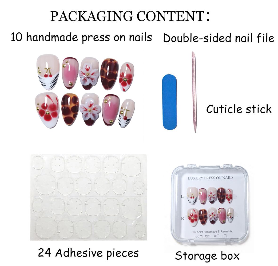 10Pcs Short Almond Handmade Press On Nails | Nude Pink & Red Ombre with Cherry, Tortoiseshell Print & 3D Floral Decor | Reusable Salon-Quality Fake Nails for Women and Girls (251213, M)