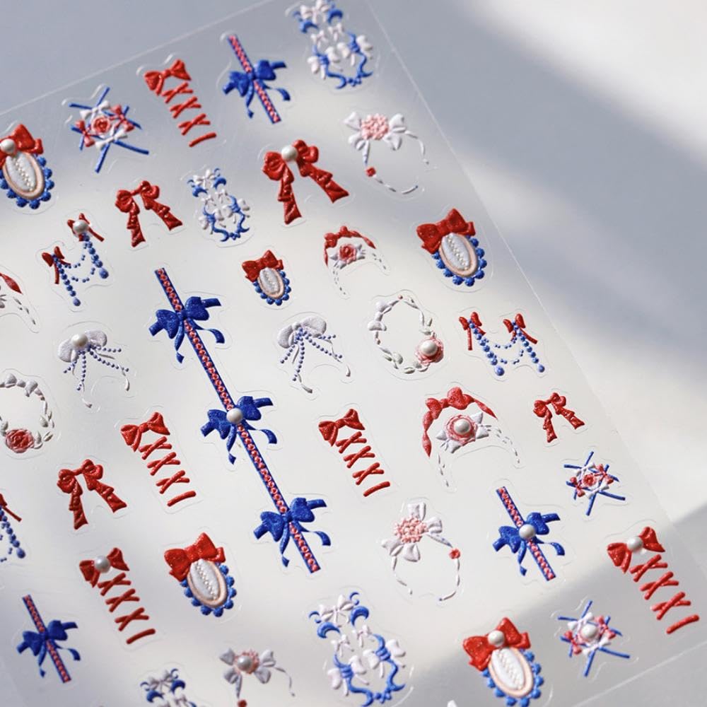 Cartoon Red Blue Bow Nail Stickers with 5D Embossed Pearl Design Irregular Frames Nail Art Stickers 3D Self-Adhesive Spring Nail Decals Summer Nail Manicure Accessories for Women Girls 1 Sheet