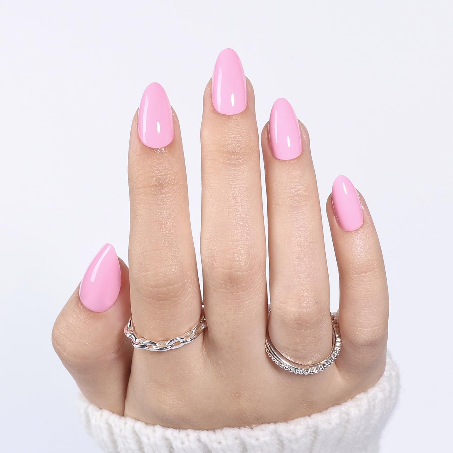 Leefrei Pink Press on Nails - Short Almond Glossy Baby Pink Nails, Soft Milky Pink Reusable Fake Nails Press ons for Women, 32 pcs in 16 Sizes False Nails Kit with Glue, Baby Pink