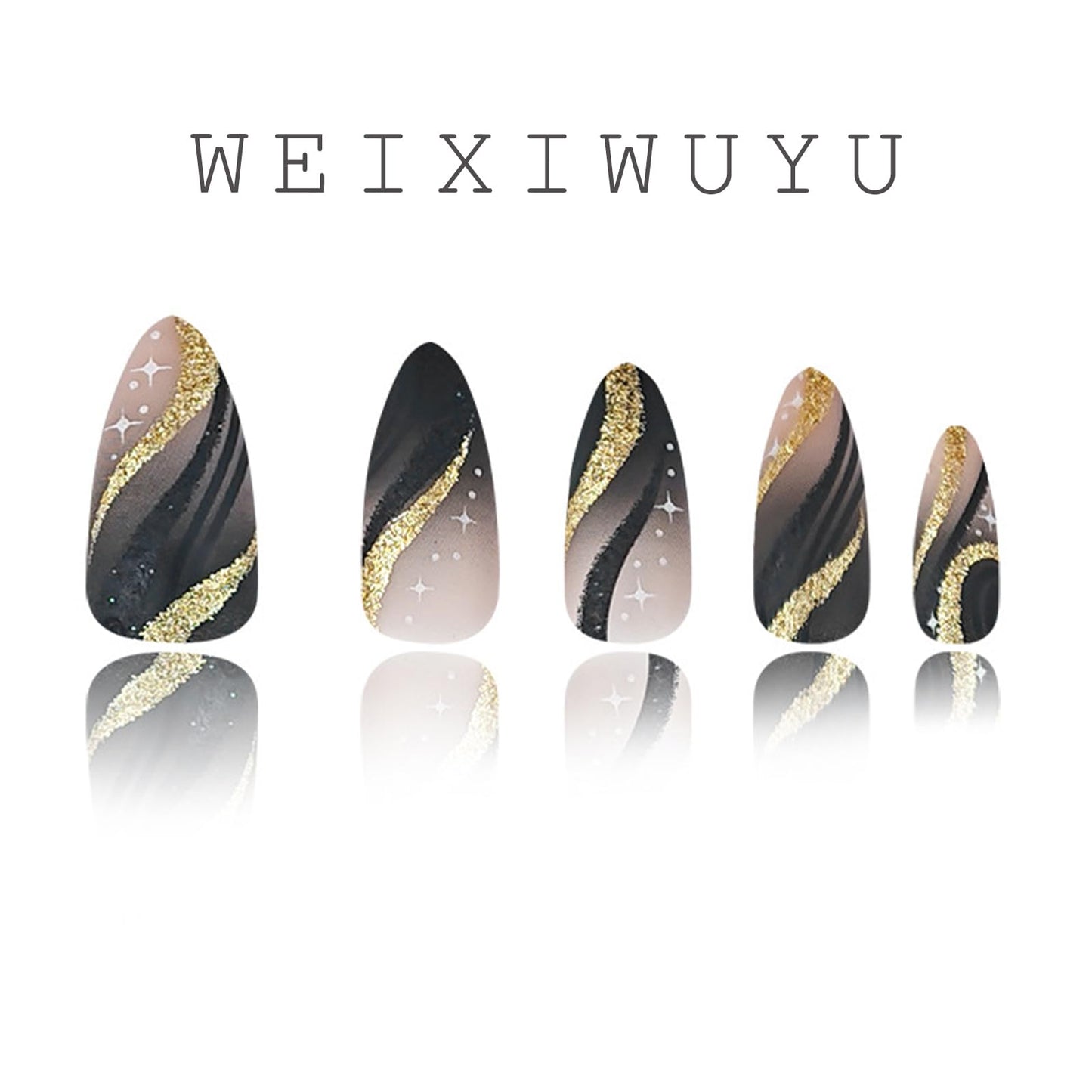 24pcs Black Gold Wire Almond Press Nails Medium Length Gold Foil Glitter Full Cover False Nail Designs for Women Girls Acrylic Nail Art Decoration