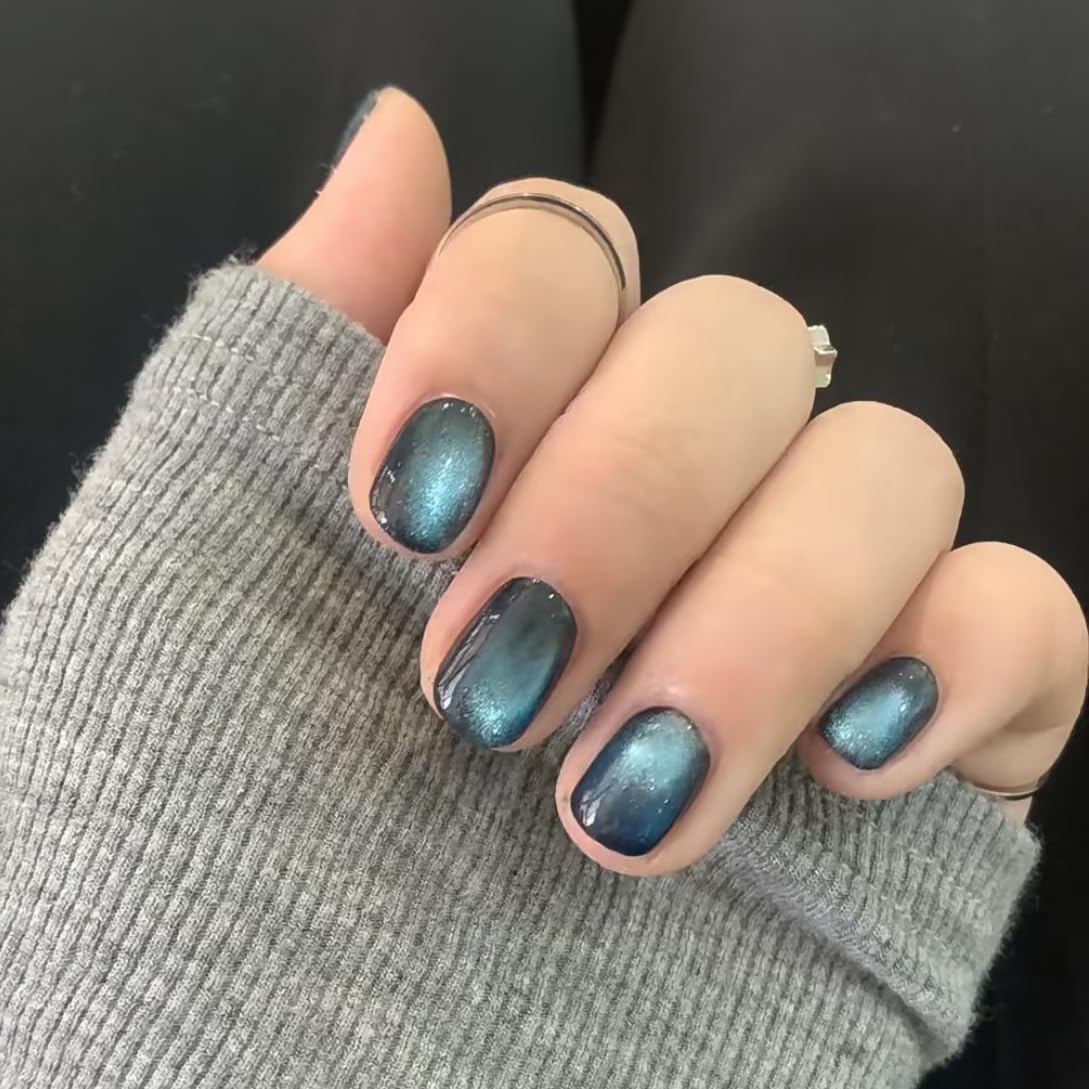 BABALAL Square Press on Nails Short Fake Nails Dark Green Chrome Glue on Nails Cat Eye Acrylic Nails 24Pcs Shiny Squoval Stick on Nails for Women and Girls
