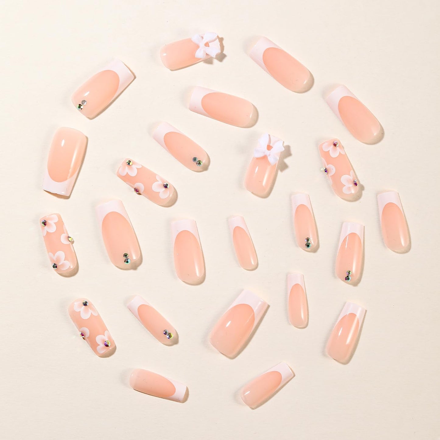 24pcs French Tip Press on Nails Medium Length Fake Nails Flower with 3D Flower Bow Charms Acrylic Nails Press ons Design Glossy Pink False Nails Cute Stick on Nails for Women Manicure Tips