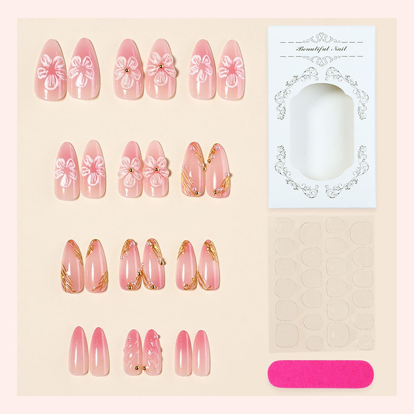 RUOKEXIN Long Press on Nails Almond Fake Nails Pink Ombre False Nails with 3D Flower Designs Spring Summer Nail Press ons Sparkly Artificial Nails for Women 24Pcs