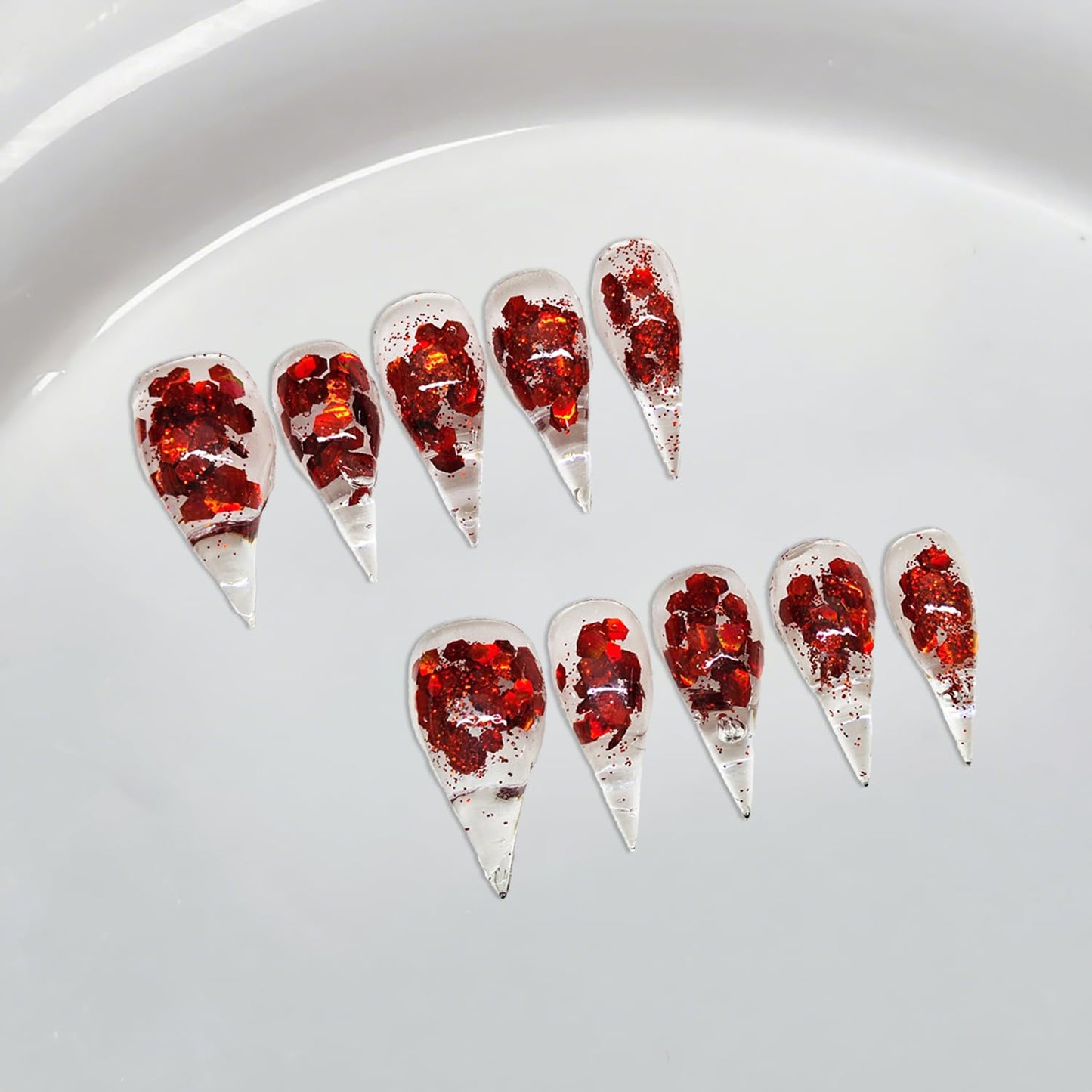 Handmade Press on Nails Luxury Handmade False Nails with Eagle Claw Art Design Red Glitter Sequin Fake Nail Muti-Layer Goth Stick on Nail Long Curved Stiletto Acrylic Nails for Women (M）