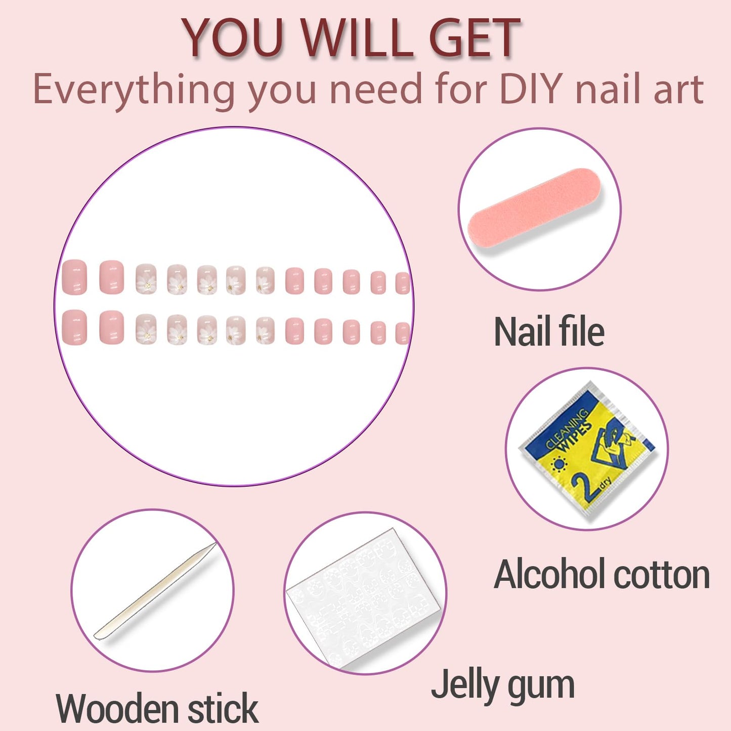 Whiosyrt Short Square Glossy Pink Acrylic Nails, 32pcs (12 Sizes) with Iced Camellia Design, ABS Material, Press On False Nails
