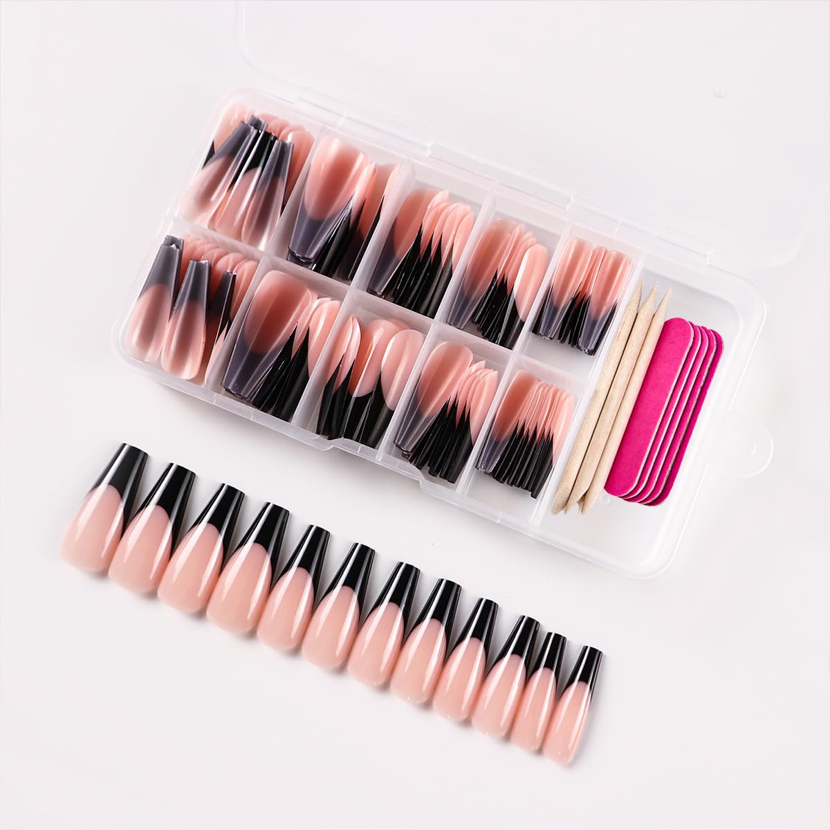 120Pcs Black French Tip Press on Nails Long Coffin Fake Nails French Tip False Nails Full Cover Acrylic Glue on Nail Nude Pink Artificial Nails Reusable Stick on Nail for Women Manicure Kit