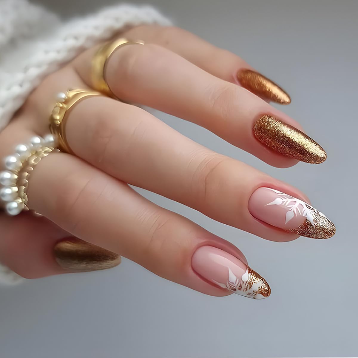 6 Packs (144 Pcs) Christmas Press on Nails Medium Almond Fake Nails Winter Xmas False Nails with Designs Snowflake Glue on Nails Full Cover Glossy Acrylic Stick on Nail for Women Girls Manicure