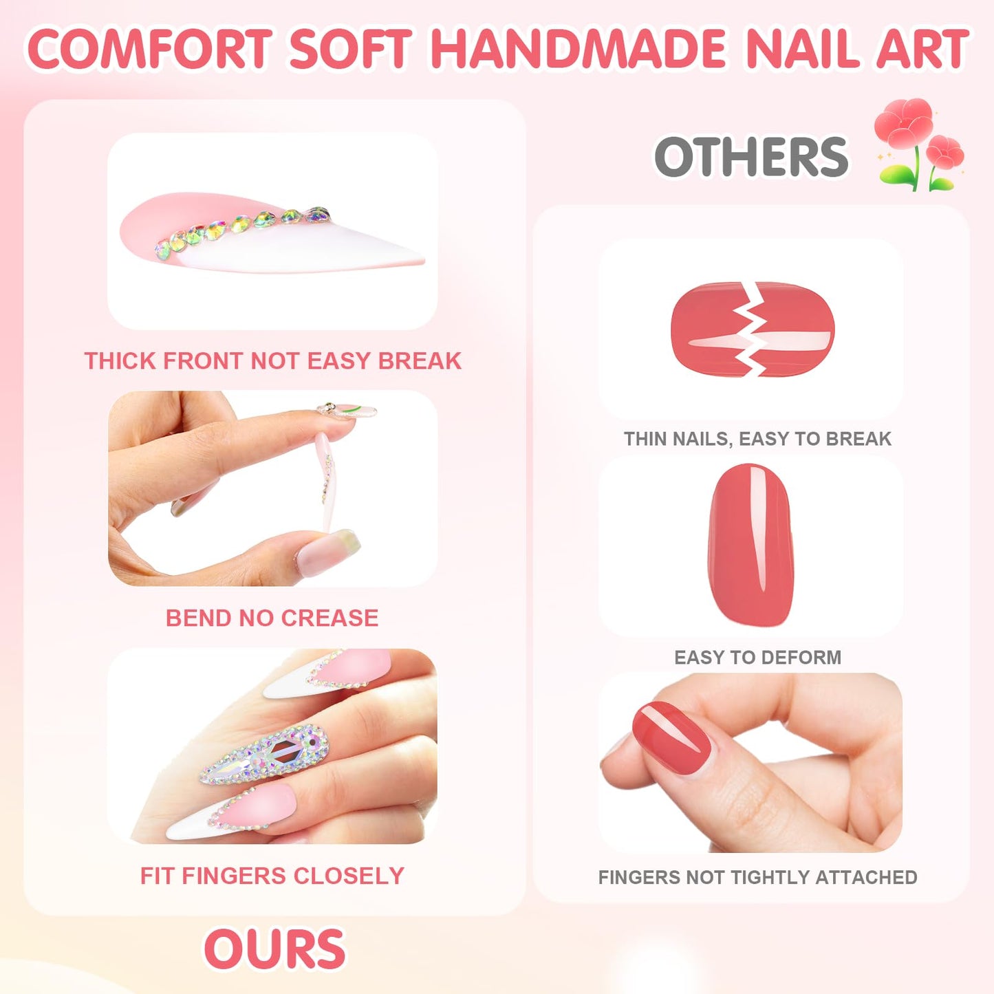 Yabonica Handmade Press On Nails Short - Acrylic Fake Nails with Charm Design,10Pcs Nail Press Ons with Glue for Woman Girls (003, S)