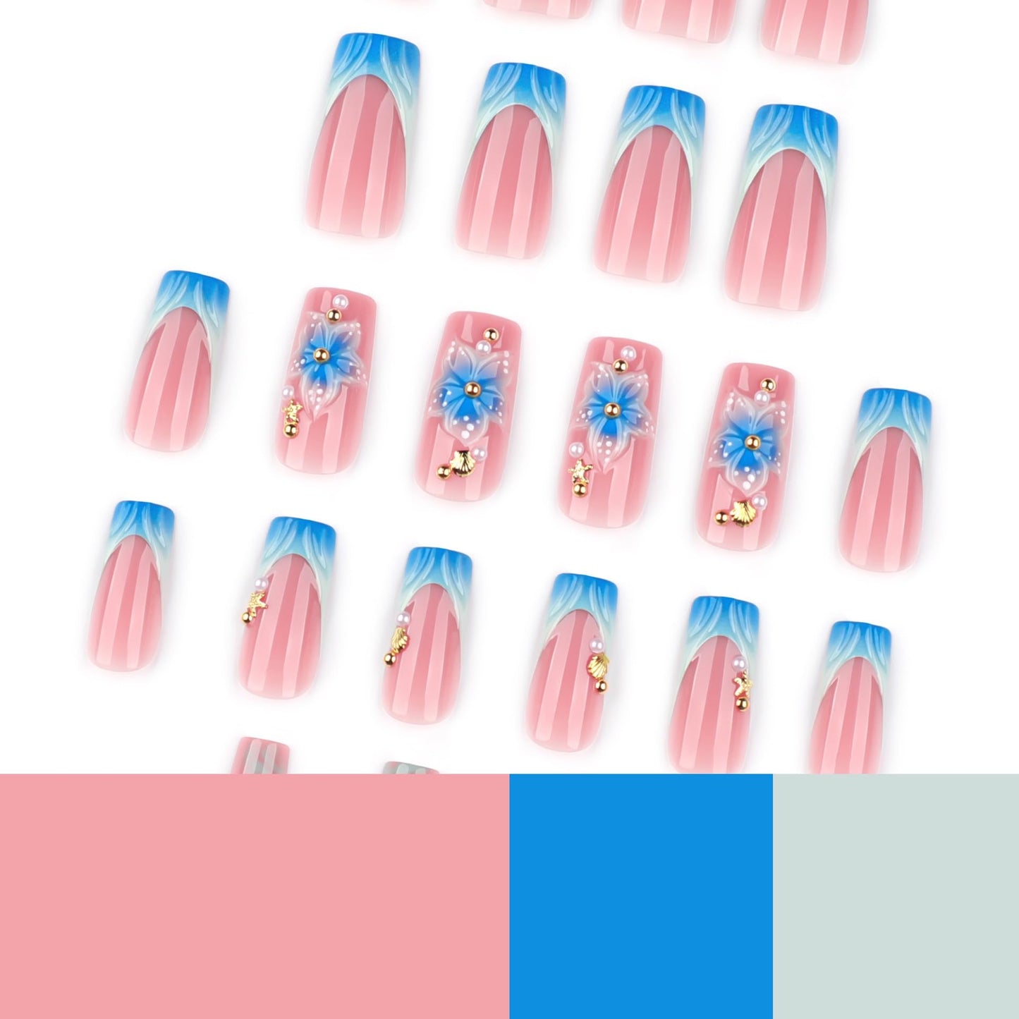 CTTHNBD Medium Press on Nails Square - Blue French Tip Fake Nails with Flower Design - Shell, Summer False Nails Press ons - for Women 24 Pcs