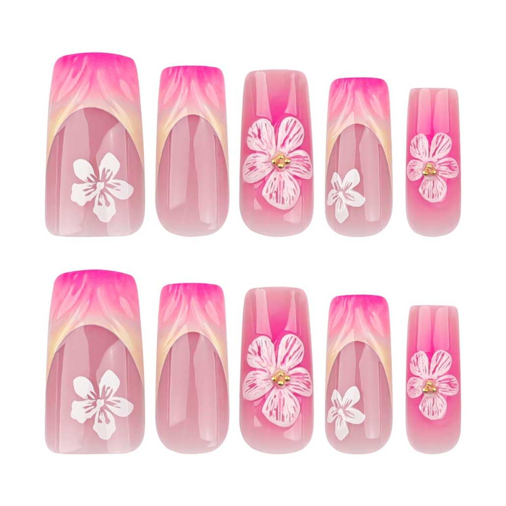 Foccna French Press on Nails Medium Long Pink Fake Nails Square Bling Glossy 3D Flower Design False Nail Tips Artificial Nails Finger Manicure for Women and Girls-24pcs