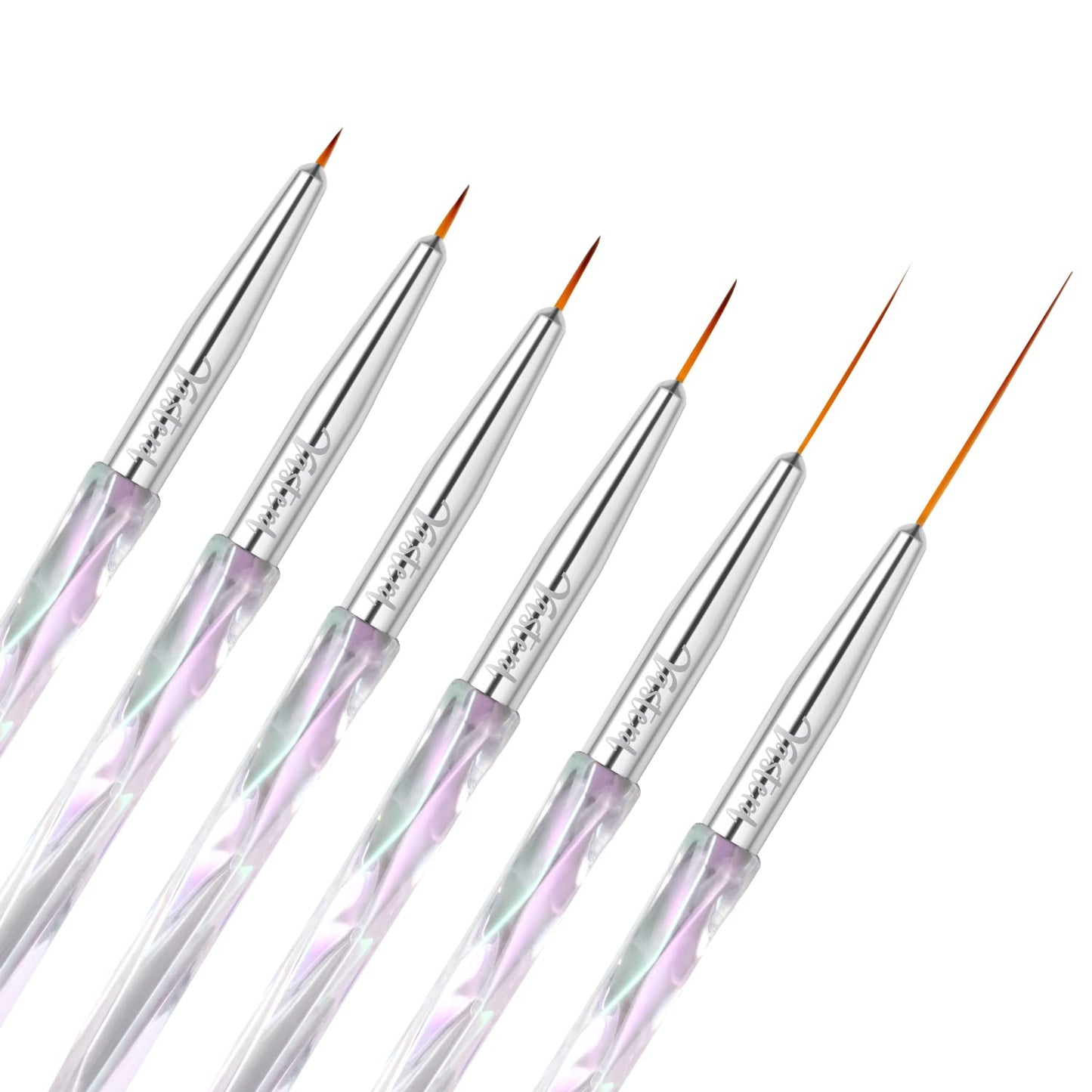 Yasterd Nail Art Liner Brushes, UV Nail Gel Polish Painting Nail Art Design Brush Pen Set for Long Lines, Short Strokes, Details, Blending, Elongated Lines Sizes 5/7/9/11/20/25mm Crystal Handle 6Pcs