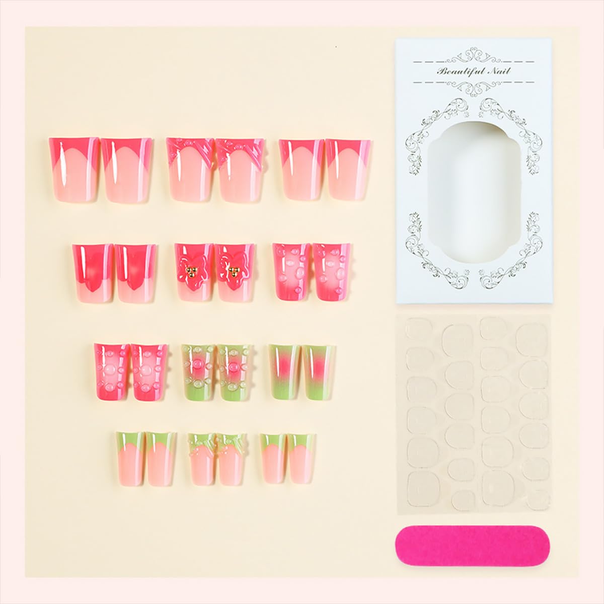 24Pcs Summer Press on Nails Short Duck Fake Nails Pink Green French Tip False Nails with 3D Flower Dewdrop Design Glitter Gold Gems Artificial Stick on Nails Full Cover Glue on Nail for Women Manicure
