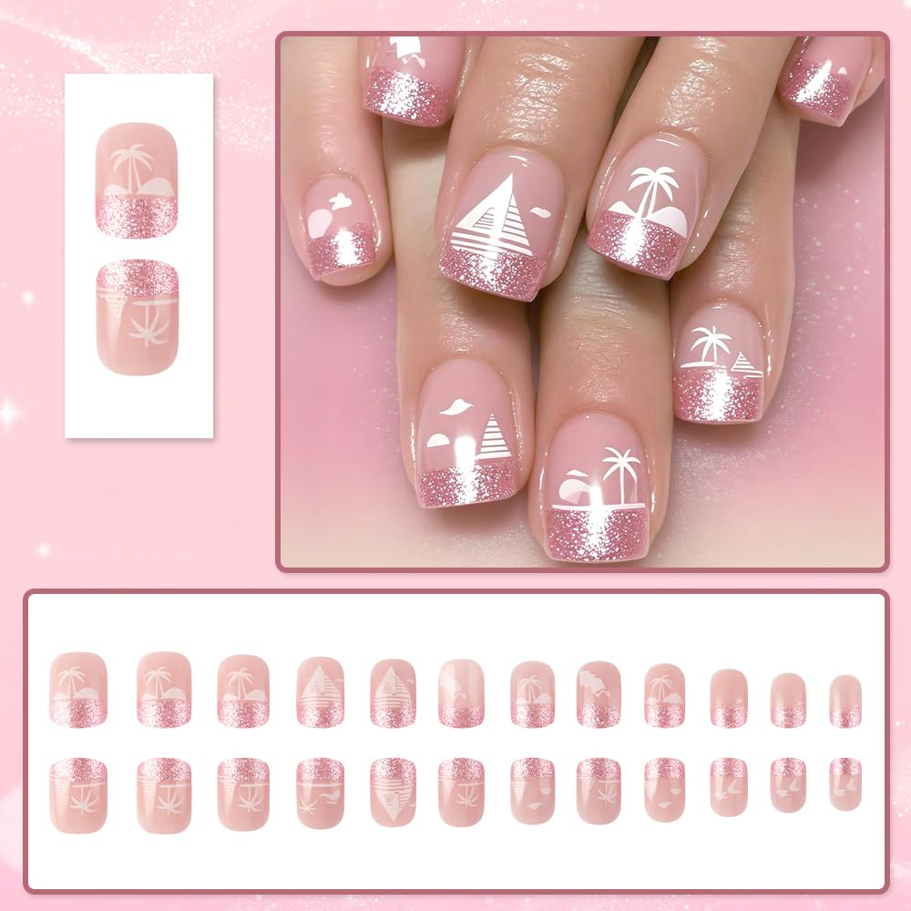 Taoyisent Pink Glitter Press On Nails Short Square 24PCS Soft Gel Reusable Fake Nails Beach Palm Tree Design Full Cover Stick On Nails for Women