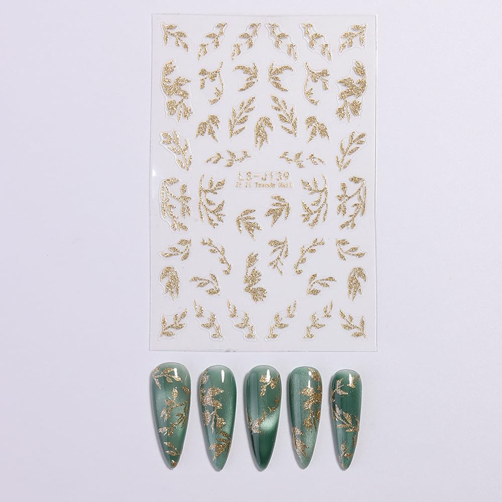SIMAYKUWA New Chinese Style Nail Stickers - Gold Foil Glitter Golden Branches Jade Leaves Design, Self-Adhesive Nail Art Decals A Set of 1 Sheets