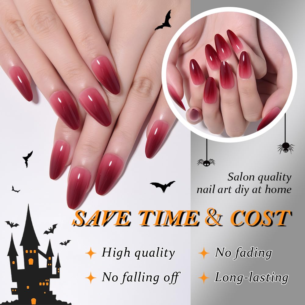evpct Press on Nails Short Almond Ombre Design, Blood Red Ombre Glossy Artificial Acrylic Fake Nails Reusable with Kits Kit, Perfectly Fit Stick on Full Cover Soft Stick on False Nail for Women Girls