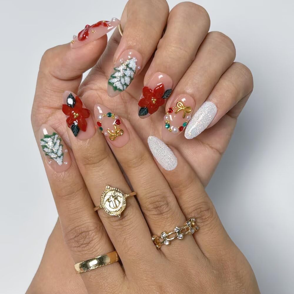 Christmas Press On Nails - MAGLFELL Handmade Almond Fake Nails, 3D Painting Floral and Trees, Bow and Gemstone Design, Reusable Artificial False Nails for Women 15 Sizes - 30Pcs Stick On Nails Kit