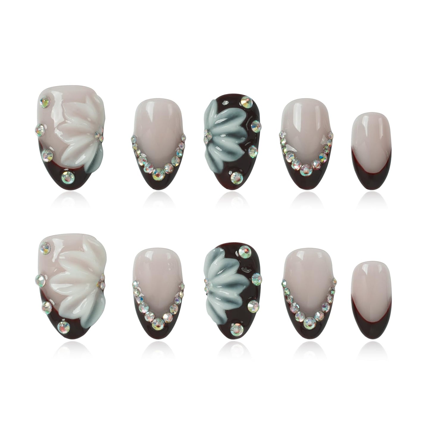 Tesytto Short Almond Press on Nails, Nude Pink Dark Burgundy Ombre Fake Nails with 3D Floral & AB Rhinestone, Handmade Salon Quality Reusable False Nails for Women (Burgundy Bloom Gem,S)