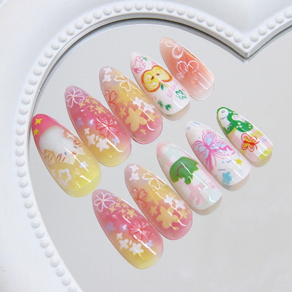 24 Pcs Fall Cartoon Press on Nails Short Almond,MINGCHUN Kawaii Fake Nails Press ons Acrylic Nail Art Tips Kit Full Cover False Nails Glue on Nails with Cute Flowers Design for Women Nail Supplies