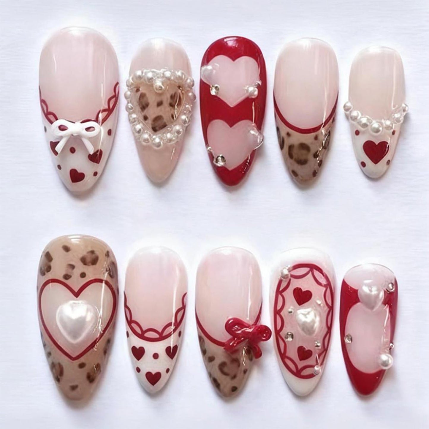 24Pcs Valentine Press on Nails Medium Almond Fake Nails 3D Bow Leopard Print Pearl Rhinestones Design Cute French Tip False Nails Romantic Red Heart Full Cover Stick on Nail for Women Manicure Salon