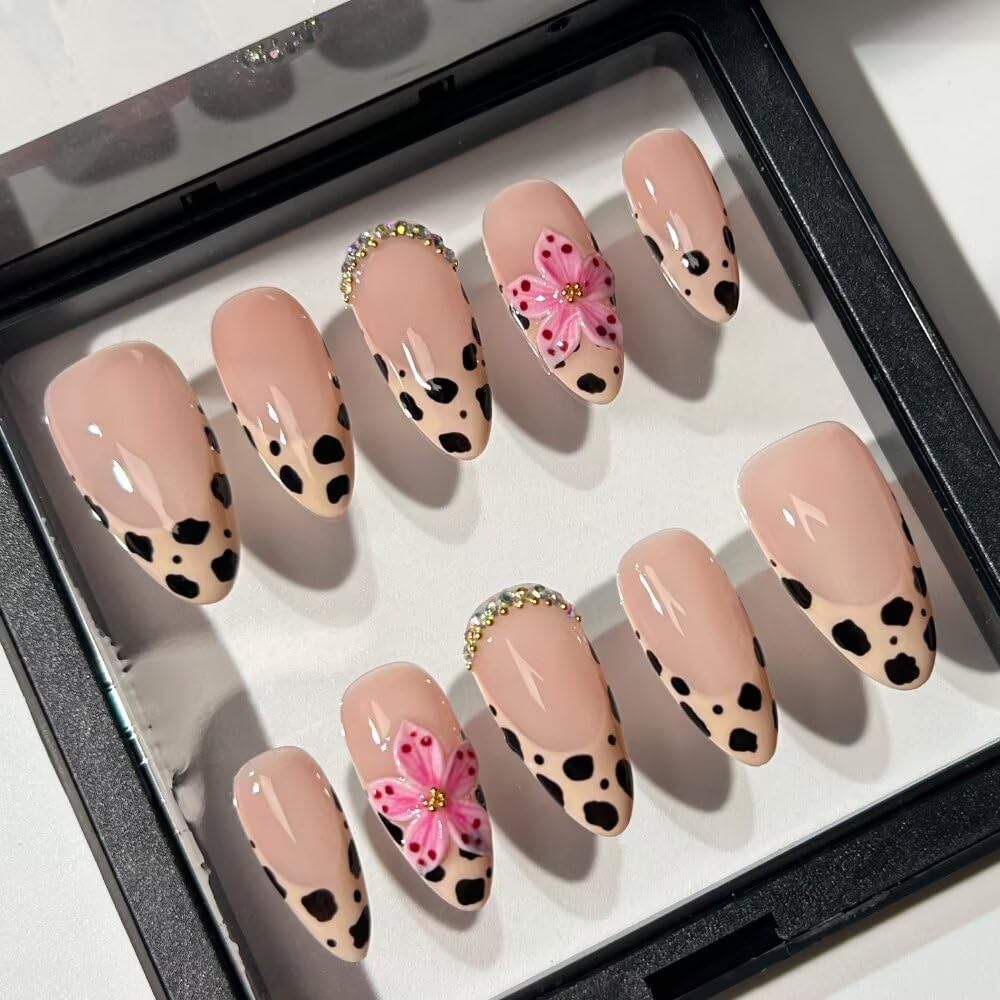 MAGLFELL Press On Nails Handmade Almond Fake Nails, Painting French 3D Leopard Print and Floral Design, Reusable Artificial False Nails for Women 15 Sizes - 30Pcs Stick On Nails Kit
