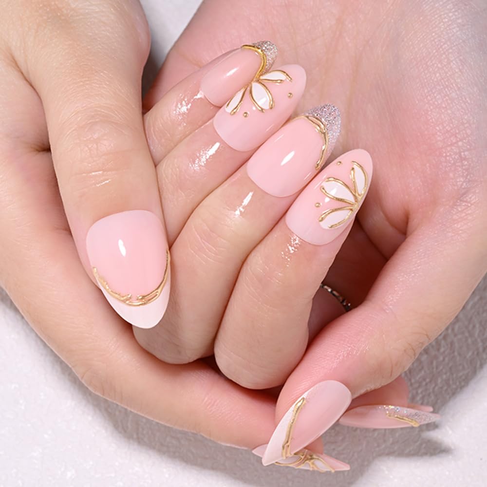 evpct Nude Pink Glitter Press on Nails Short Almond No Glue, Glitter Gold Line French Tip Stick on Nail for Women Gift, Reusable Full Cover Soft Press on Acrylic Fake Nail with 3D White Flower Design
