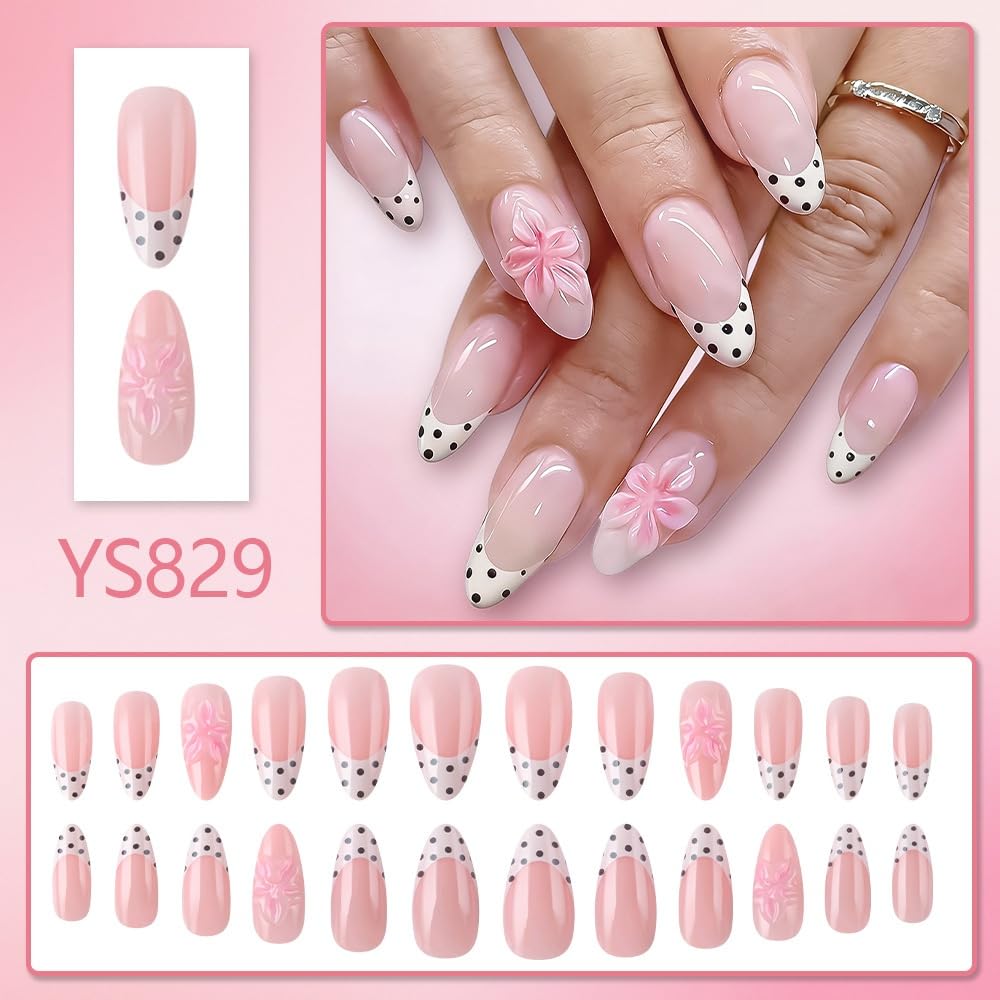 Almond Press on Nails Medium Fake Nails with 5D Flower Charm Design Glossy Polka Dots French Tips Glue on Nails Spring Summer Nail Press ons Reusable Full Cover Pink Nail for Women Manicure 24Pcs
