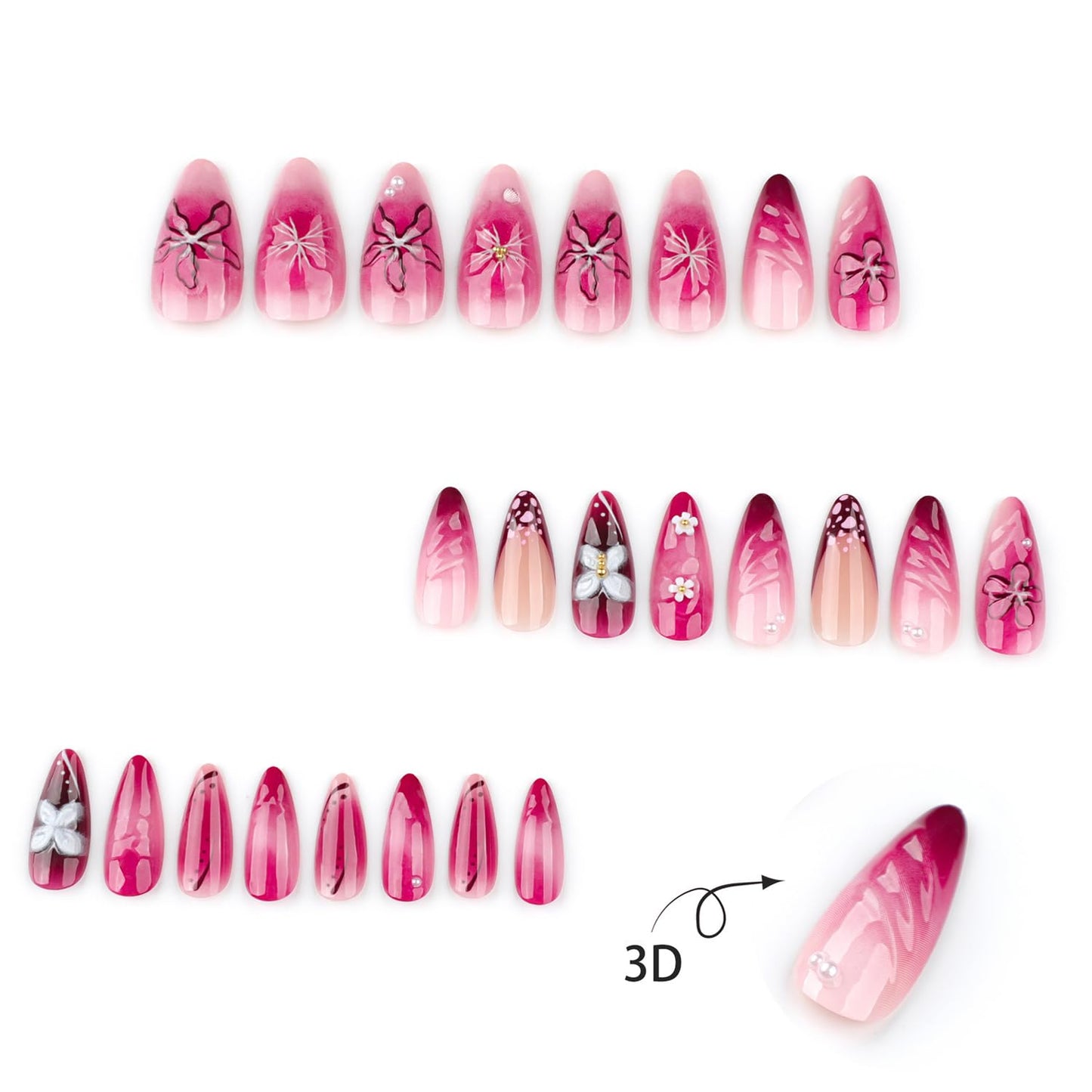 Cute Flowers Press on Nails Short Almond Press on French Tip Fake Nails White Butterfly False Nails with 3D Pearls Charms Designs Acrylic Nails Glossy Full Cover Glue on Nails for Women Manicure 24Pcs