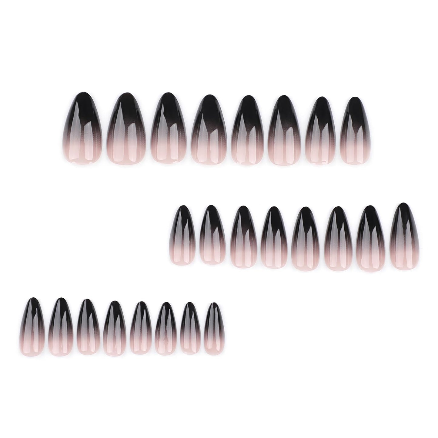 MISUD Press on Nails - Medium Almond Glue on Nails with Goth Black, Acrylic Gothic Design 24 pcs