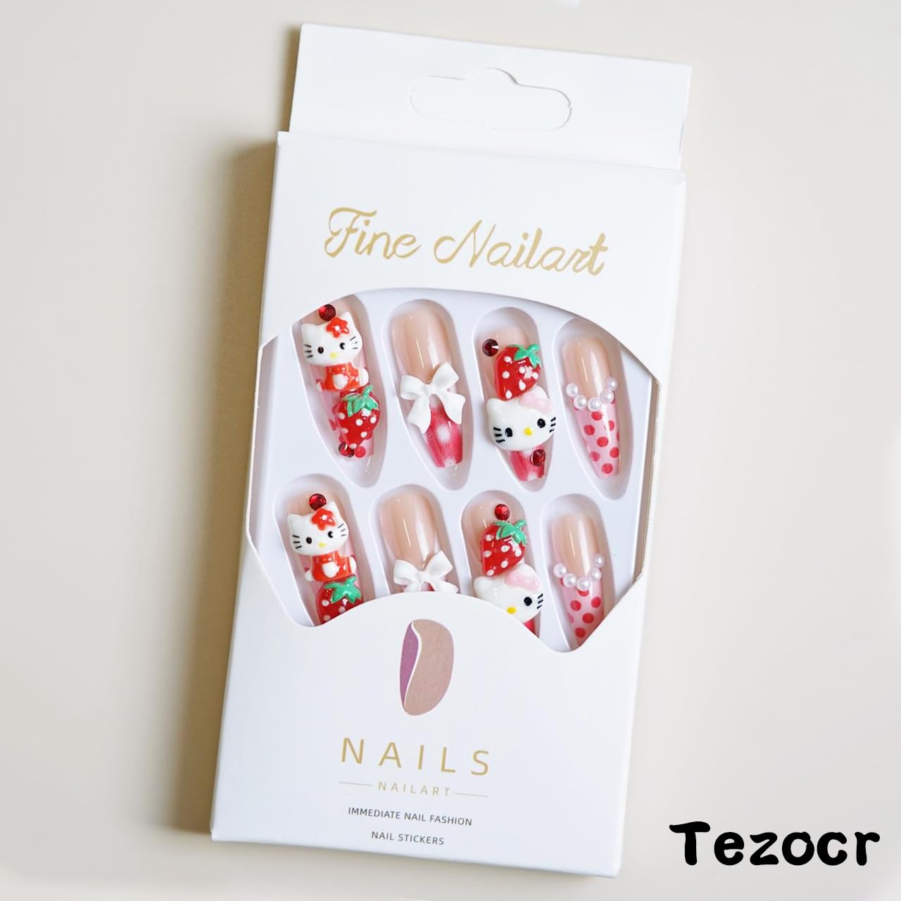 French Tips Press on Nails Long Coffin Fake Nails with Cute Cat Bows Nail Charms Strawberry Nail Charms Stick on Nails French Full Cover False Nails for Women 24Pcs Strawberry Press on Nails