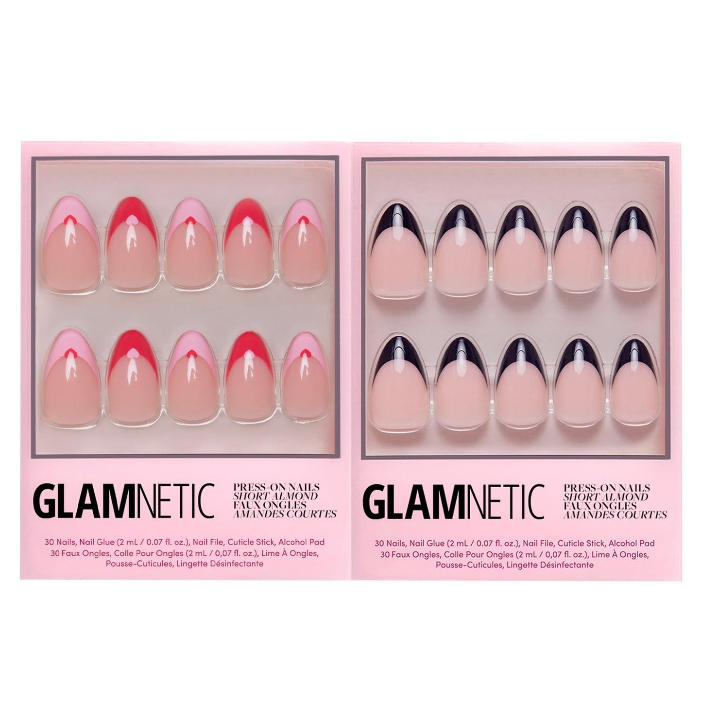 Glamnetic Press-On Nails Bundle - Pure Hearted & Caviar | Short Almond Fake Nails with Heart Accents | Short Almond Black French Tip False Nails | Reusable, Salon-Quality Nail Kits