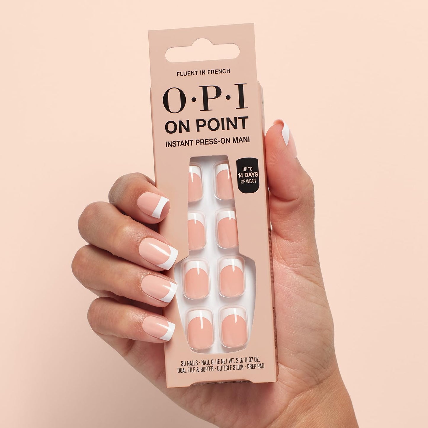 OPI On Point Fluent in French | Short Squoval Nude Pink & White French Tip Press On Nails | 30 Count with Nail Glue | Long Lasting, Reusable, Non-damaging