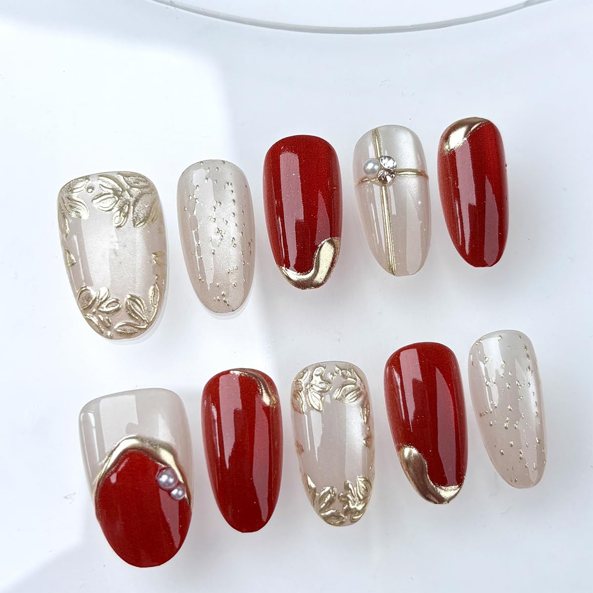 24Pcs Gold Flower Press on Nails Short Almond Fake Nails with 3D Pearl Floral Design Red Cats Eyes Glitter False Nails Reusable Acrylic Stick on Nail for Women Manicure Wedding Party Holiday Nail Art