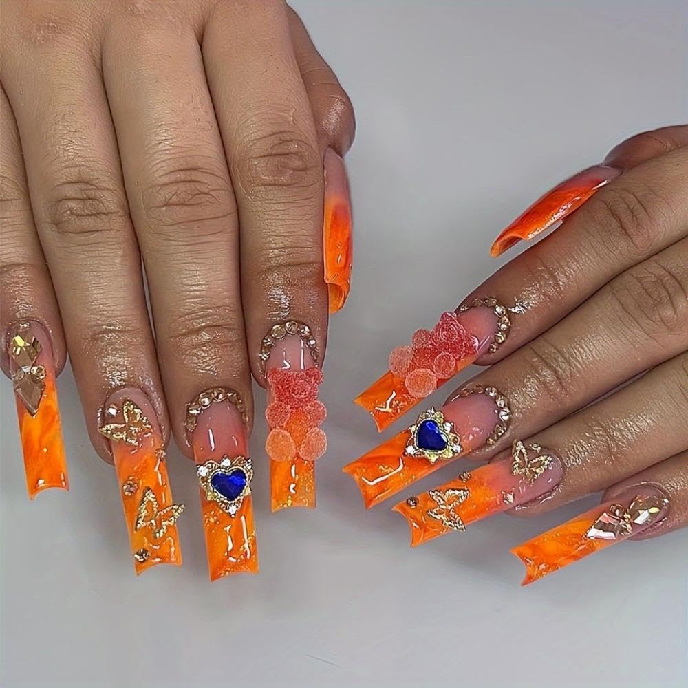 48Pcs Ombre Orange French Tips Press on Nails Long Square Fake Nails with Hearts Bear Charm Design Butterfly Diamond False Nails Short Square Press on Toenails Flower Fake Toenails for Women Manicure
