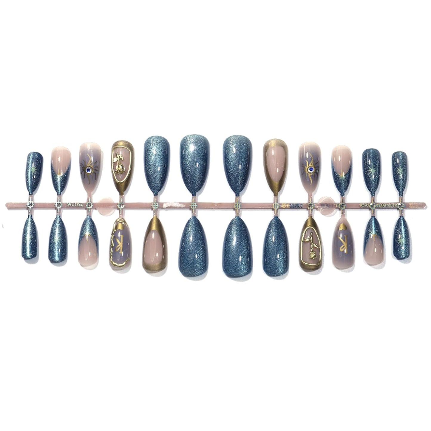 24Pcs Chrome Gold Press on Nails Medium Almond French Fake Nails with 3D Gold Rose Flower Gilded Line Design Sun Star False Nails Blue Glitter Full Cover Heart Glossy Acrylic Stick on Nails for Women