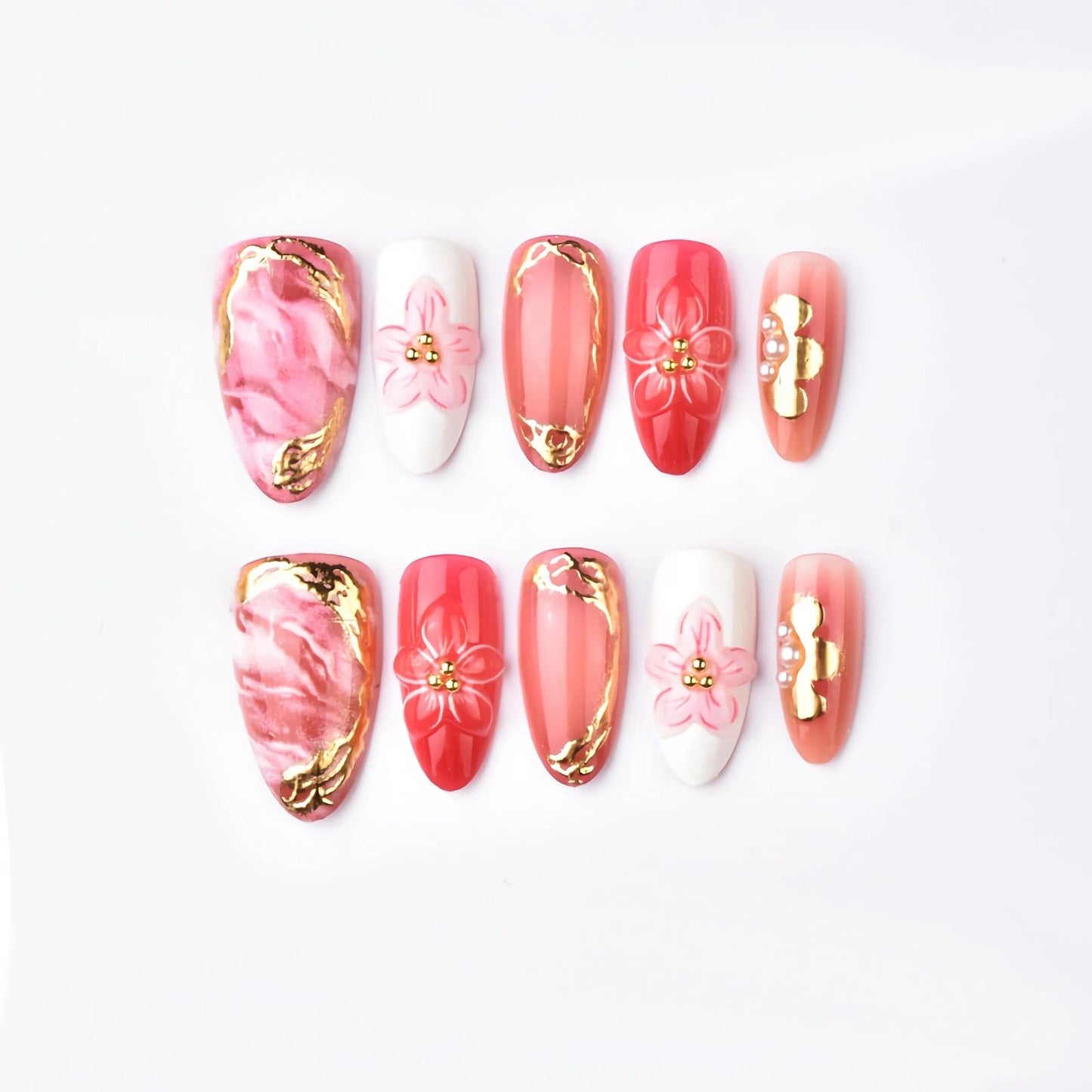BABALAL Press On Nails, Medium Almond Fake Nails, Hot Pink Ombre With 3D Floral & Gold Chrome, Glitter Bling Glossy Full Cover Glue On Nails For Women And Girls 24Pcs