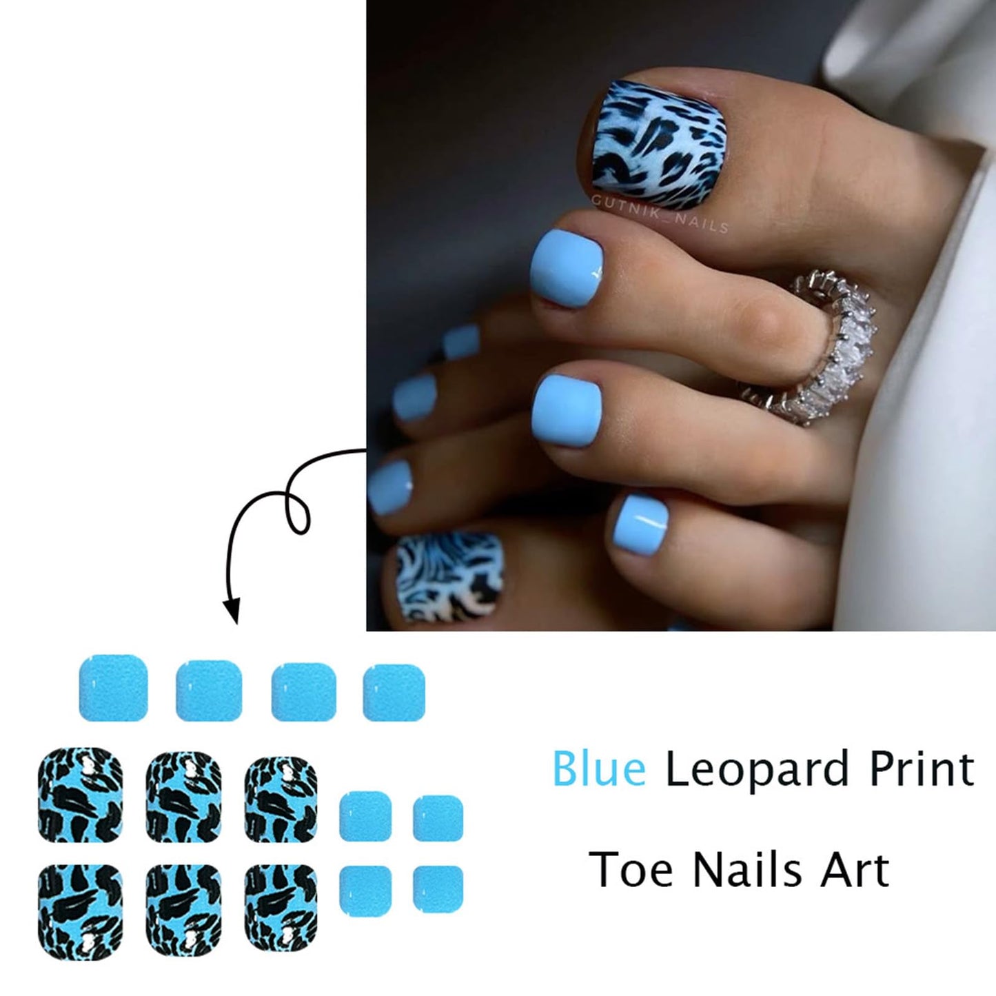 24Pcs Blue Leopard Press on Toenails Short Square Fake Toe Nails Blue False Toenails with Cheetah Print Designs Glossy Acrylic Toe Nail Press ons Summer Elegant Nail Art for Women