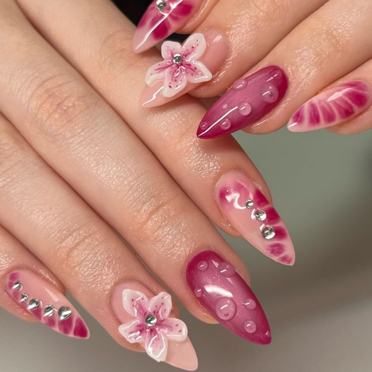 3D Flower Press on Nails Medium Almond Fake Nails with Rhinestones Design Stick on Nails Floral False Nails Artificial Full Cover Acrylic Glue on Nail for Women Nail Art Decoration 24Pcs