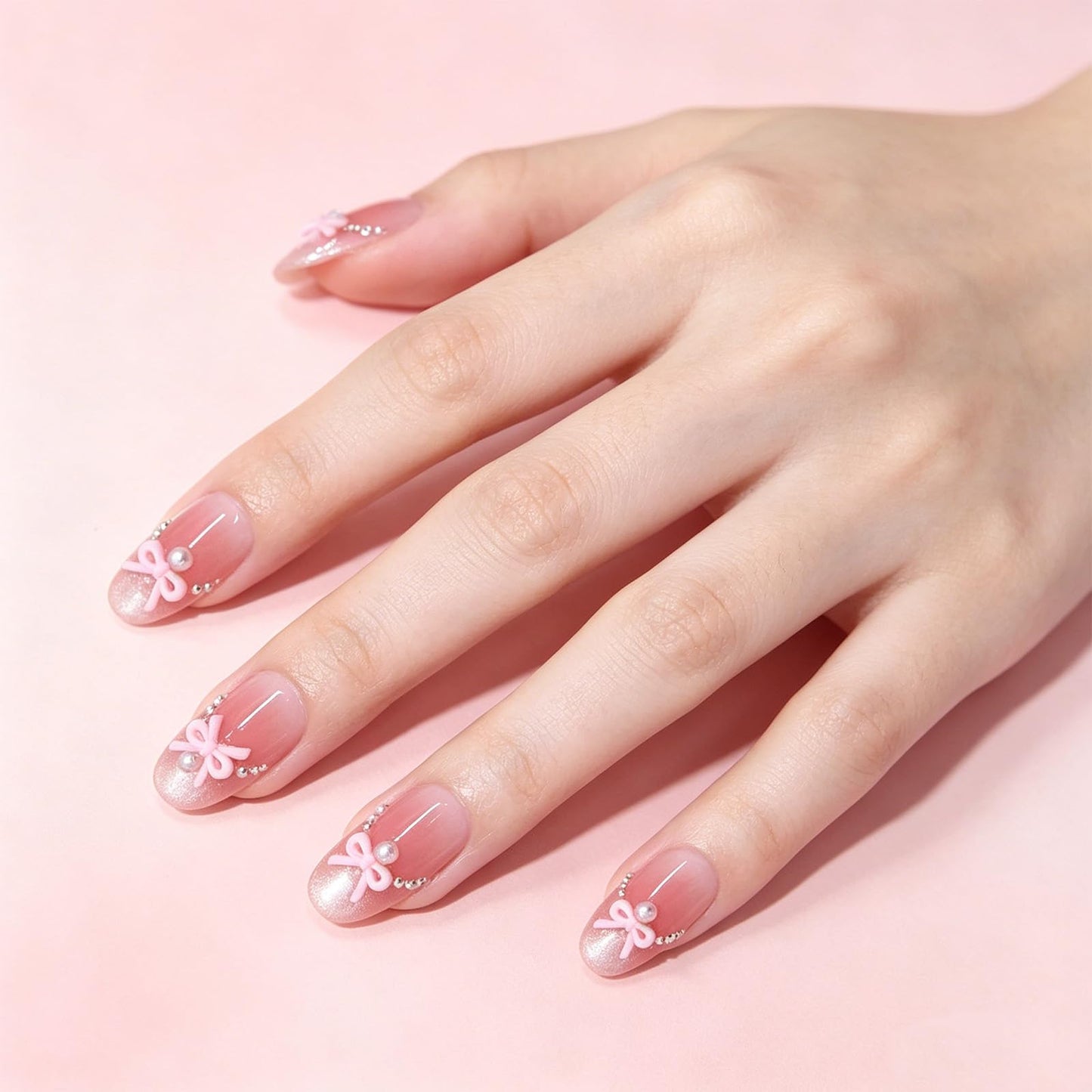 3D Bow Press on Nails Glossy White Glitter Fake Nail with Rhinestone Design Pearl Medium Almond False Nails French Tips Stick on Nail Pink Ombre Glue on Artificial Fingernails for Women Daily Wear