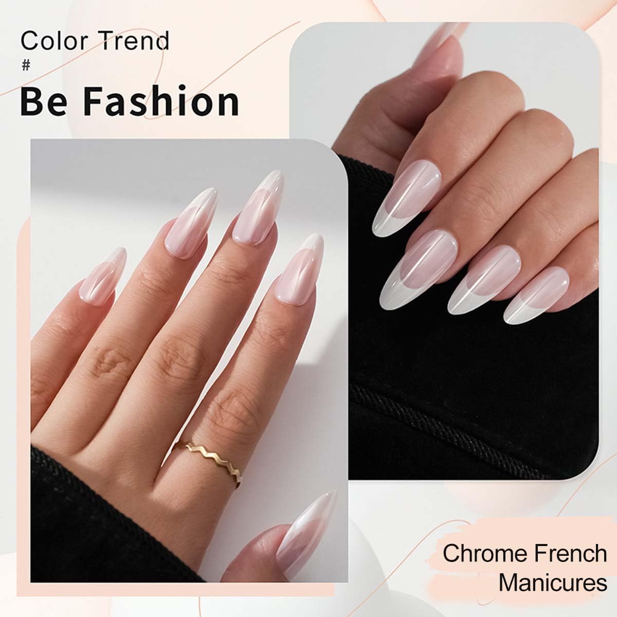 Chrome French Press on Nails Medium Almond Fake Nails French Tip Nails Press ons with Design Reusable Artificial Nail Full Cover Stick on Nails for Women Manicure 24Pcs