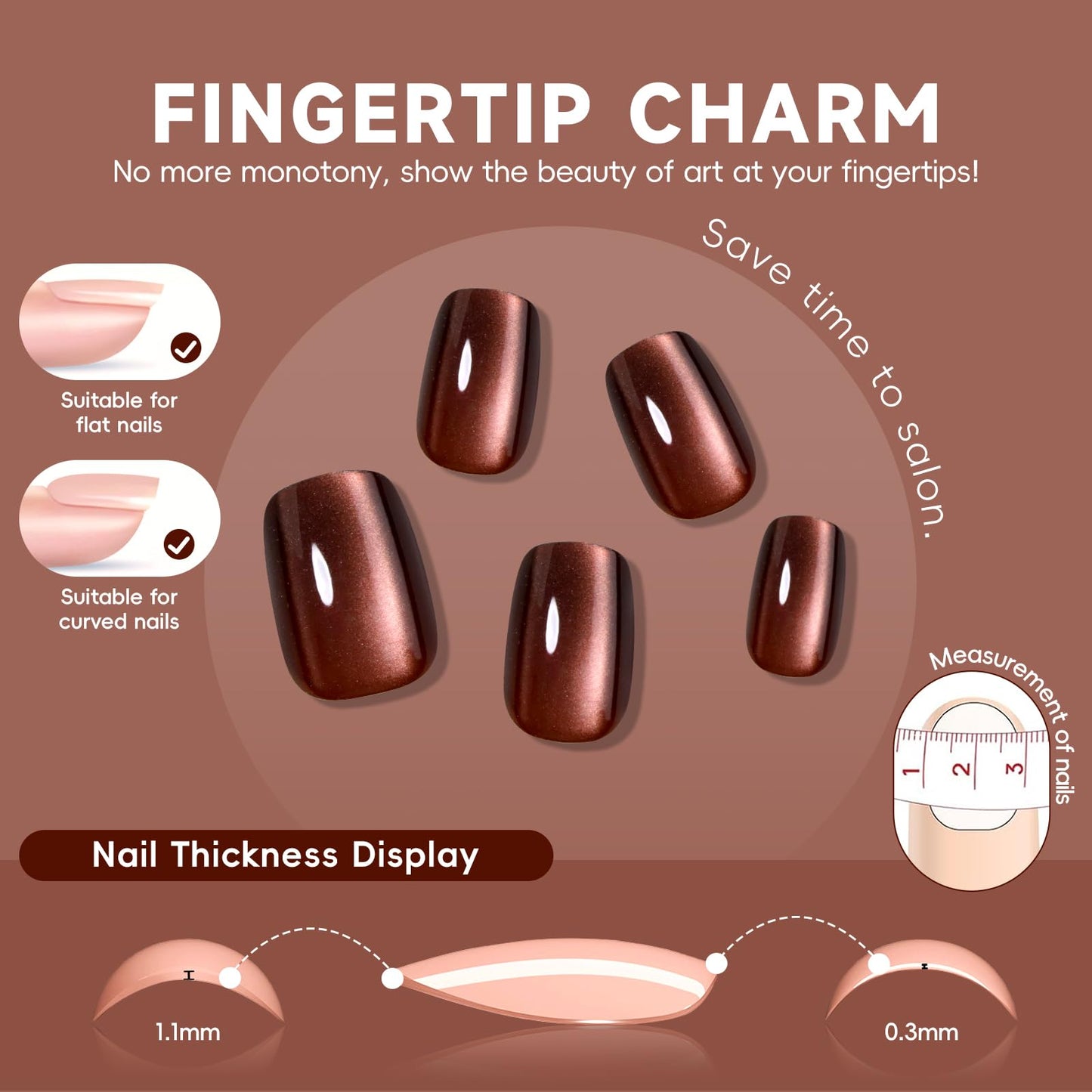 HOSAILY Dark Red Brown Cat Eye Press on Nails Almond, 30pcs Glitter Sparkle Fake Nails Short Coffin, Winter Xmas New Year Glue on Nails Press ons, Glossy Shiny Bling Natural Stick on Nails for Women