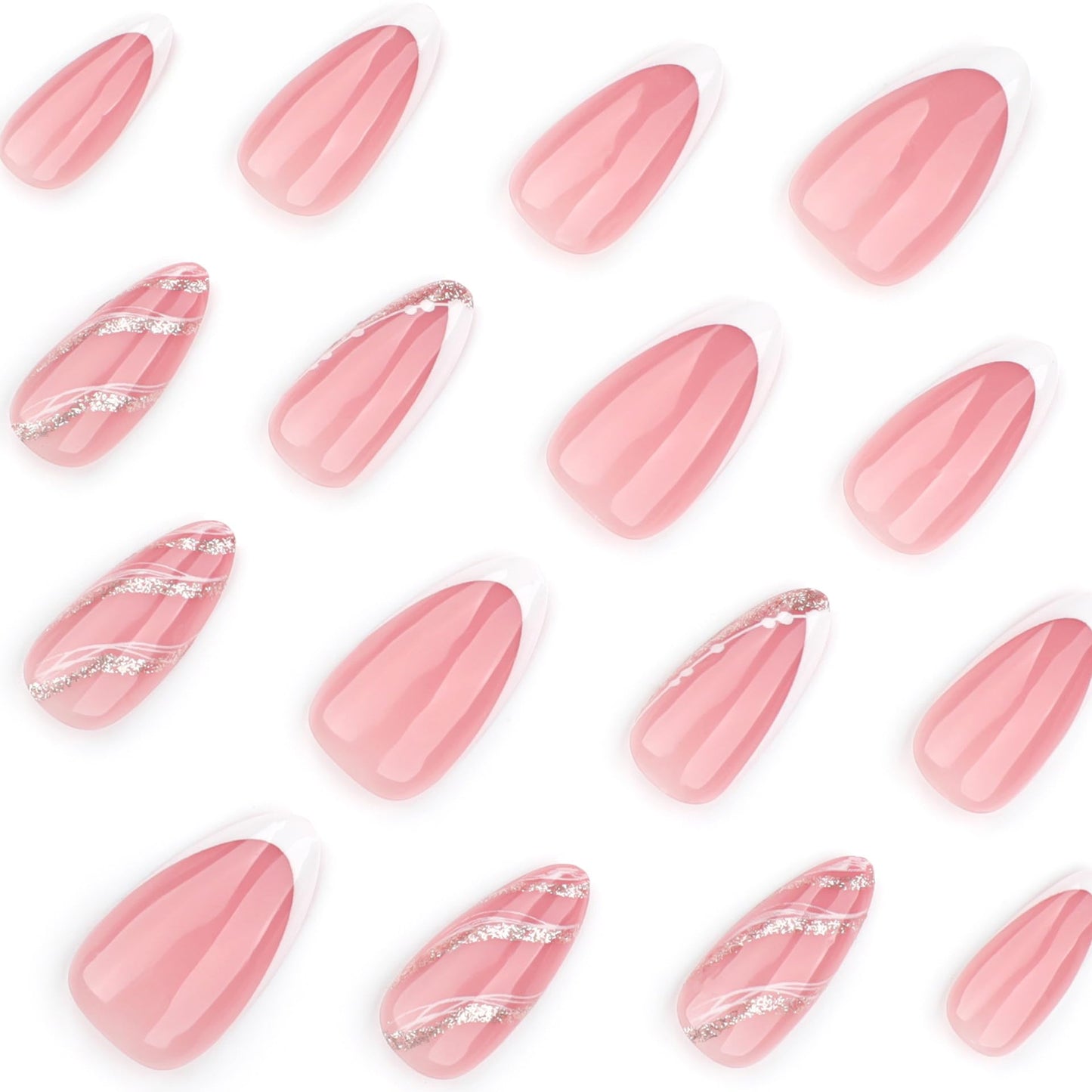 XZMeiLun Spring Summer White French Tip Press On Nails, Medium Almond Shape, Rose Gold & Golden Shiny Designer Fake Nails, Reusable Acrylic False Nails, Salon Quality for Women & Girls Daily Wear