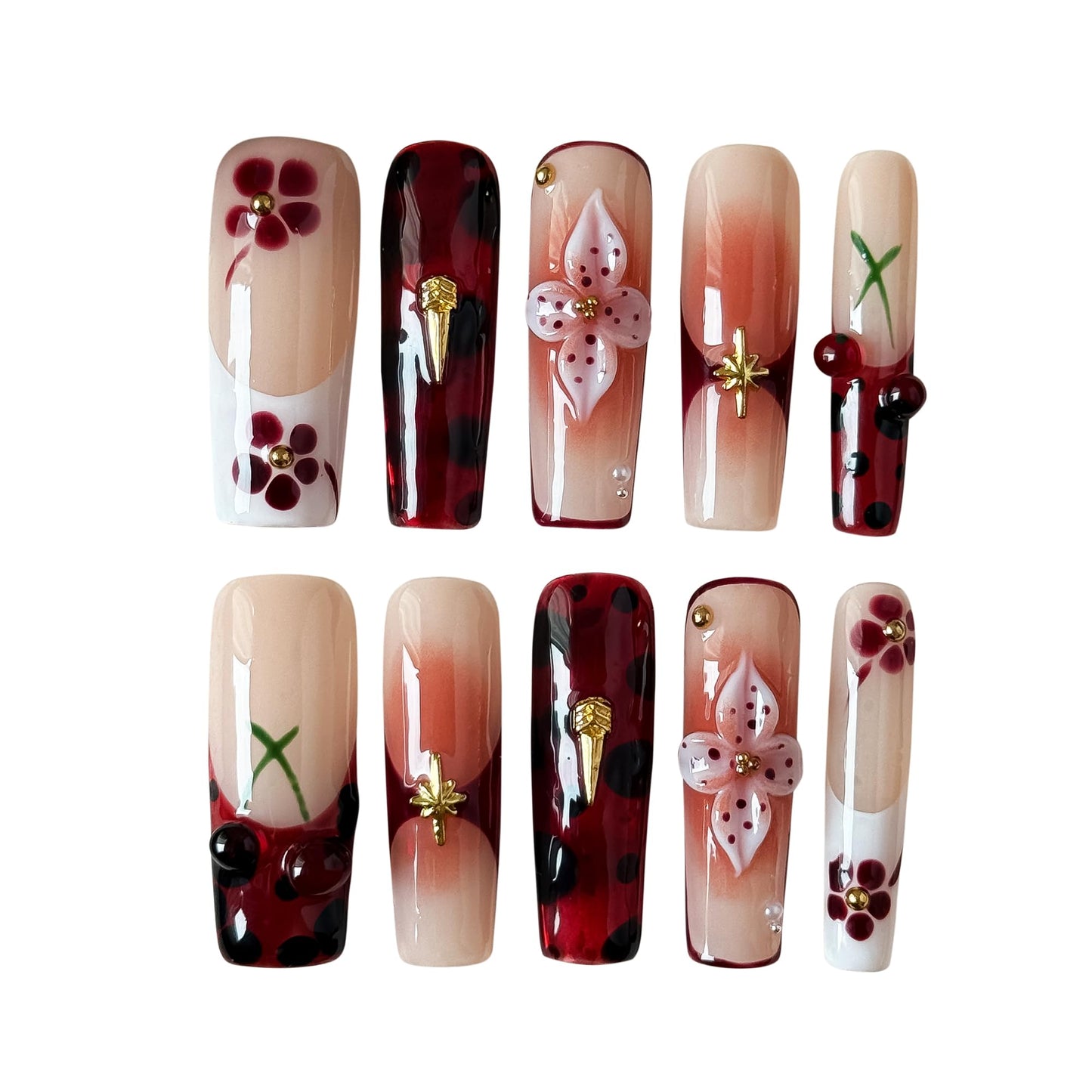 Rouge Sonata 10pcs Press On Nails for Women, Crimson Floral Golden Accent Acrylic UV Gel Wearable Nails, Korean Style Wine Red Gradient Cherry Blossom Fake Nails Set (Dark red, S)