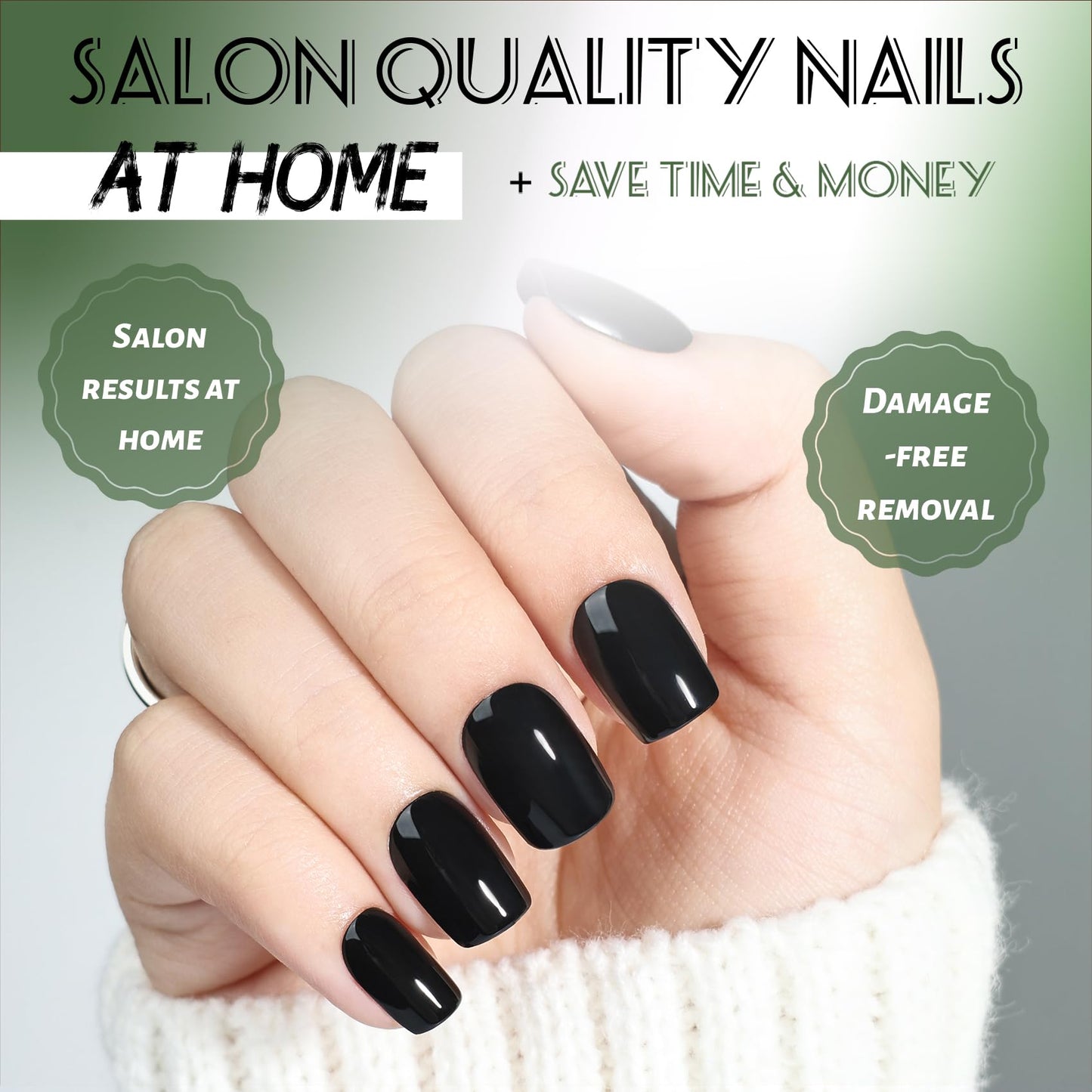 Black Press On Nails Square - Short Square Goth Fake Nails with Nail Glue, Solid Black Press On Nails Reusable Gothic Stick On Nails in 15 Sizes - 30 Nail Kit for Women & Girls | Salon Quality