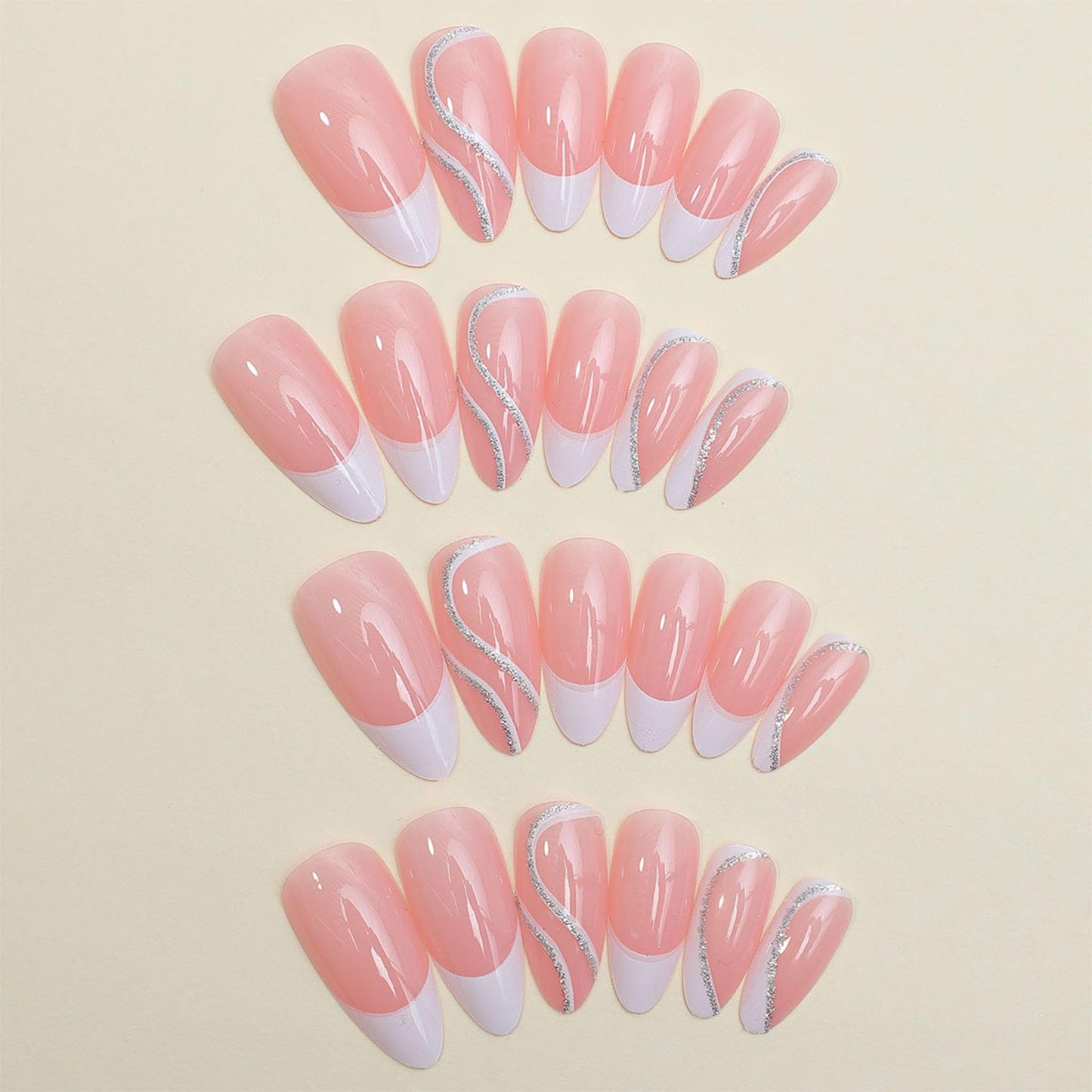 FJSMTOPl White French Tip Press on Nails Almond Fake Nails Press ons Medium False Nails Glitter Swirl Glossy Full Cover Acrylic Glue on Nails Artificial Stick on Nail for Women Manicure 24Pcs