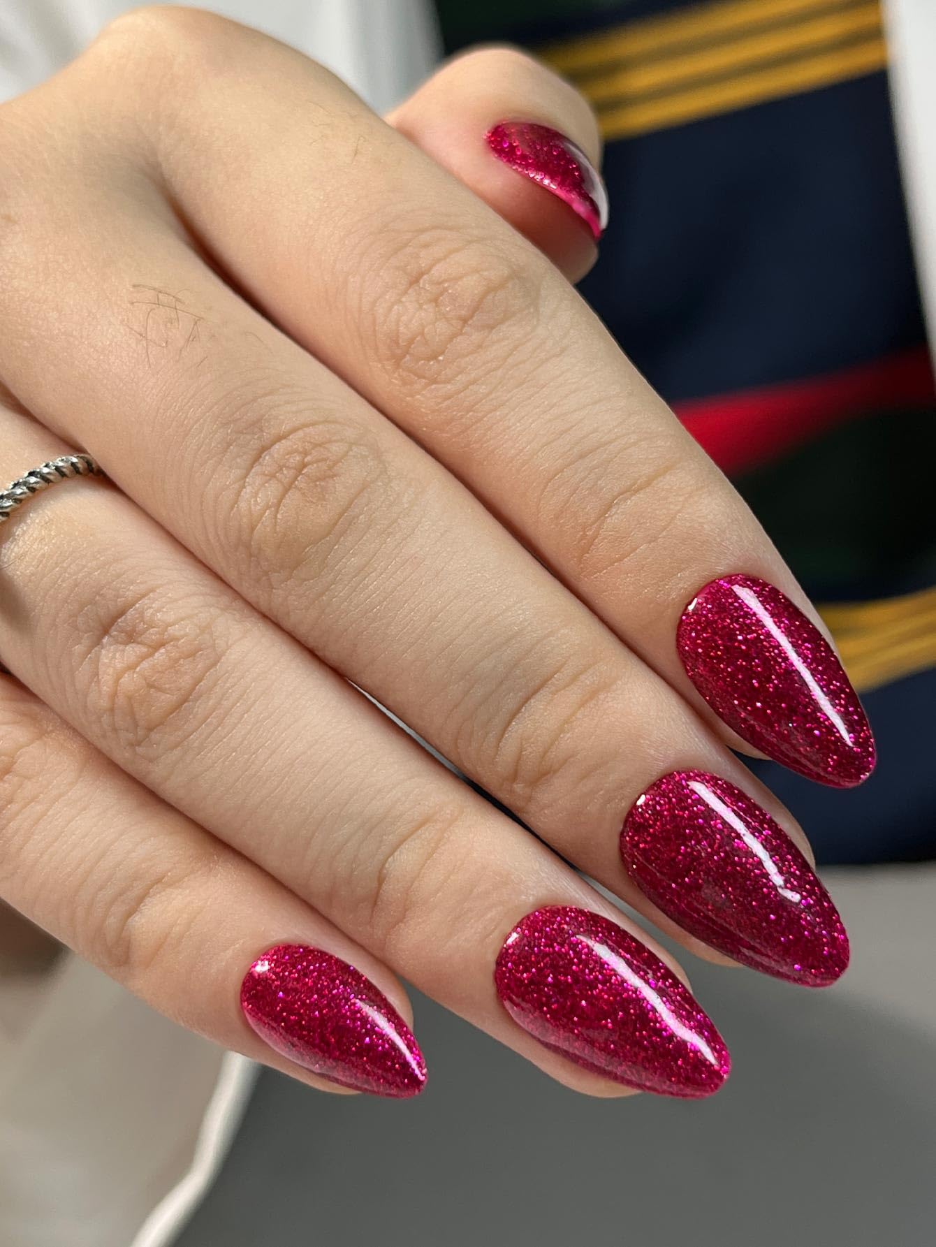 Hrnsnails Almond Shaped Press On Nails, Glue On Nails Medium Length Fake Nails with Red Glitter Glossy Designs, Nails Press Ons Gel False Nails, Artificial Nails Stick On Nails for Women