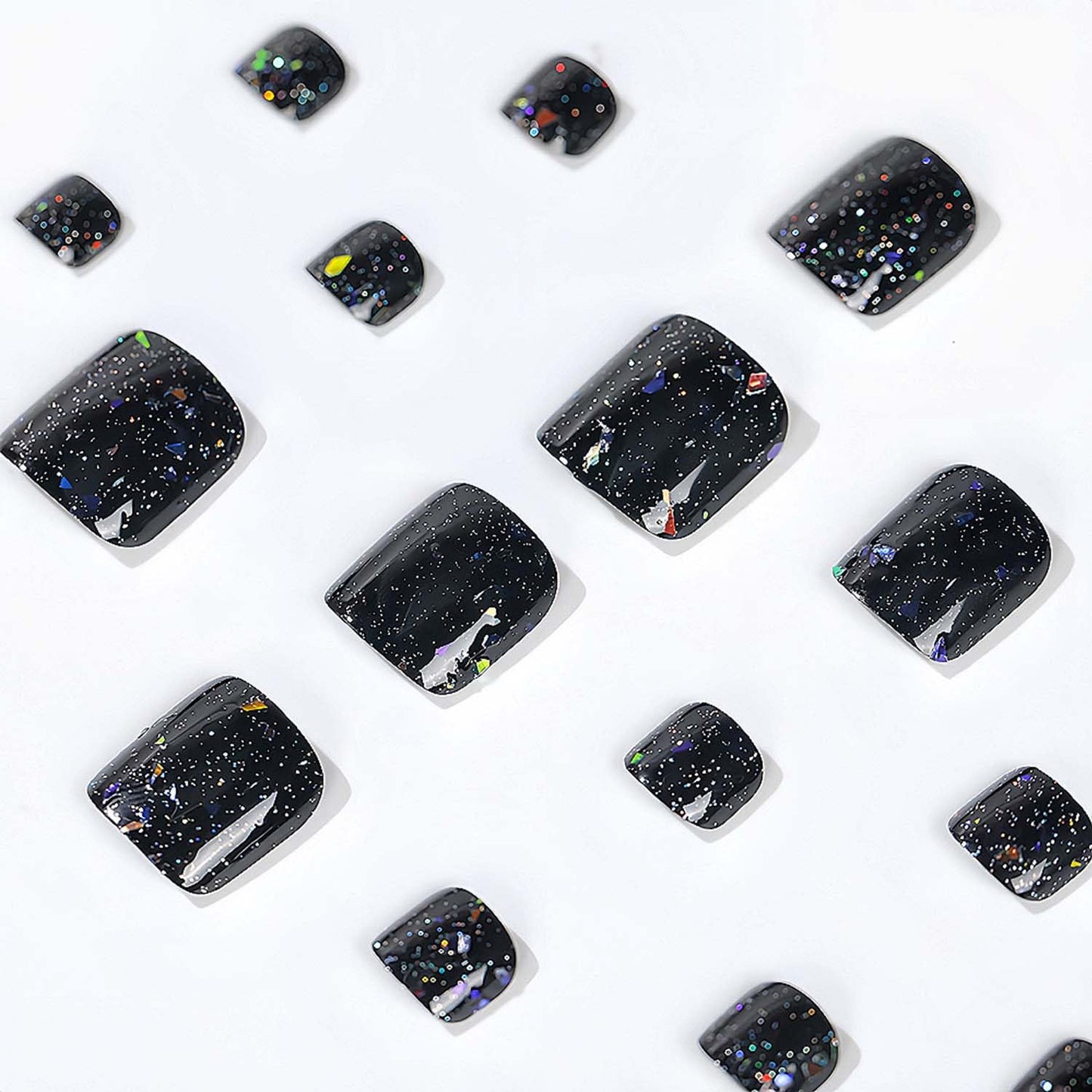 Black Press On Toenails Square Fake Toenails Short False Toenails With Glitter Design Acrylic Artificial Glossy Glue On Toenail Full Cover Stick On Toenail For Women Manicure Art 24pcs