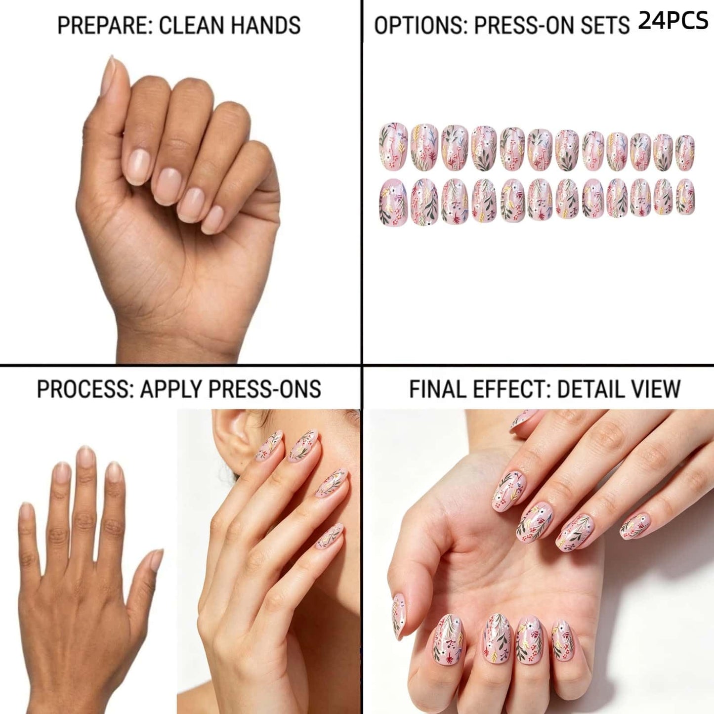 Flower Press on Nails Short Almond Fake Nails with Floral and Leaf Designs Glossy Glue on Nails Spring Summer Nails Press ons Reusable Full Cover Cute Acrylic Nail for Women 24 Pcs