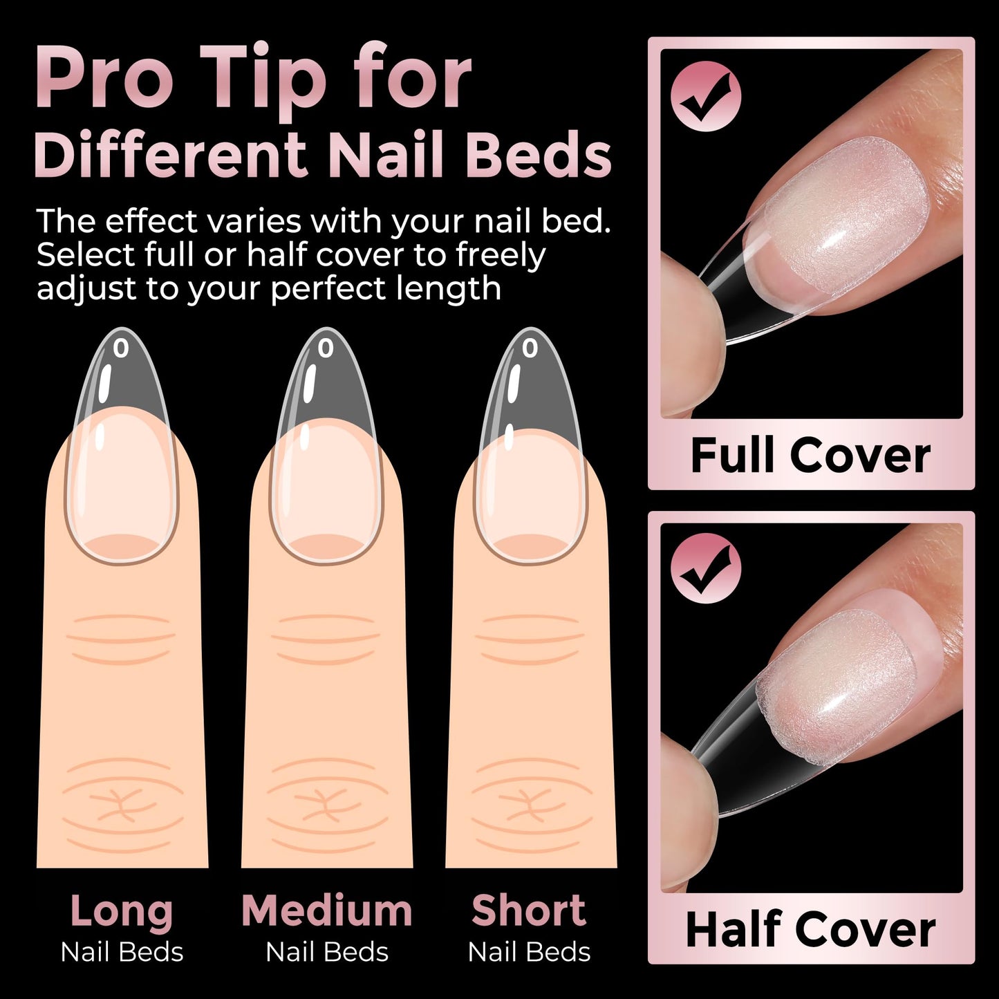 Luckyfairy Medium Almond Nail Tips, 240pcs Soft Gel Pre-Filed Acrylic Almond Fake Nails, Half Matte Full Cover Clear Press on Flase Nail Tips for Nail Extension Home DIY 12 Sizes Gelly Tips