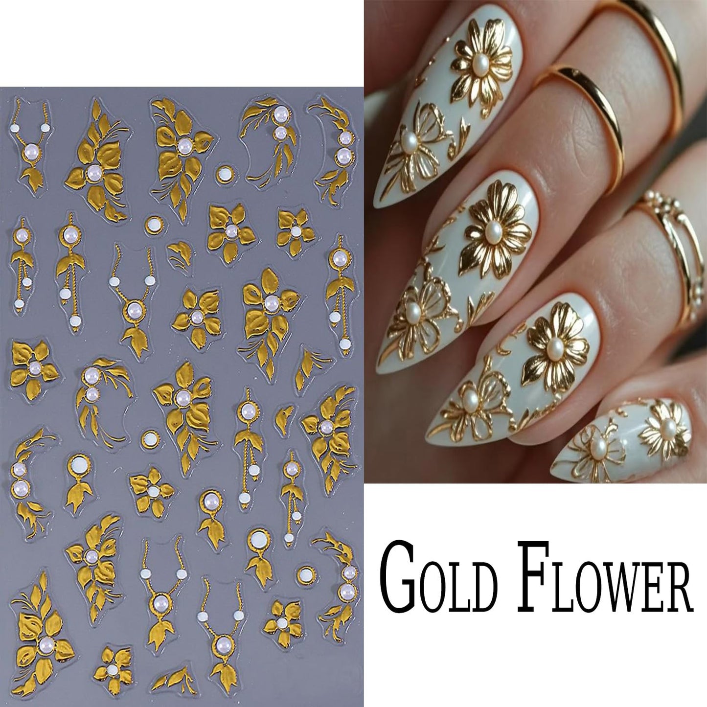 2 Sheets Gold Nail Art Stickers Golden Flower with Pearl Nails Stickers 5D Relief Self -Adhesive Gold Totem with Pearl Nail Decals Holographic Stereo French Nail Decoration for Women DIY Manicure
