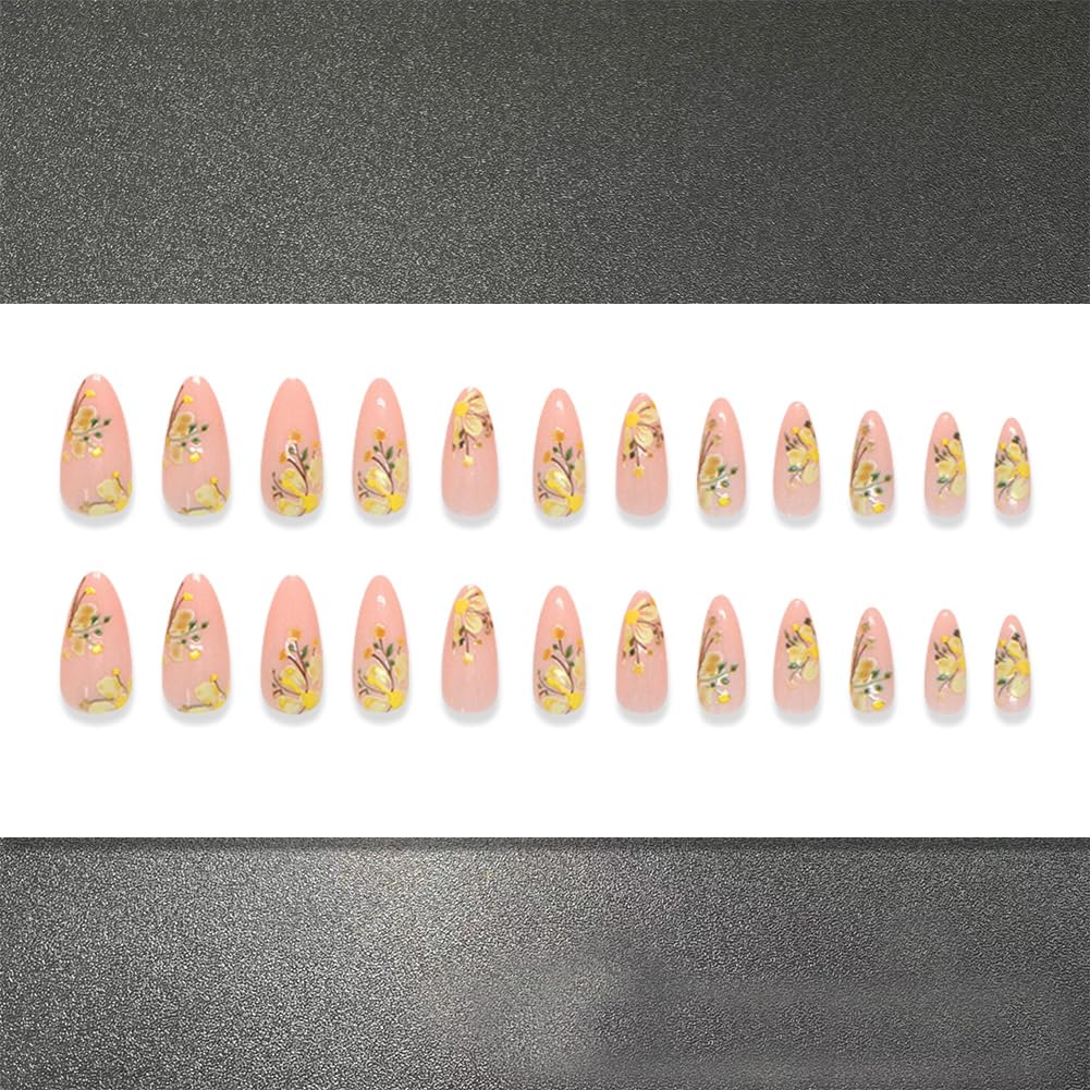 24Pcs Medium Length Press on Nails French Almond Shaped With Floral Design And Acrylic Artificial False Nails Kit Full Cover Nude Glossy With Fake Nail Suitable Women and Girls